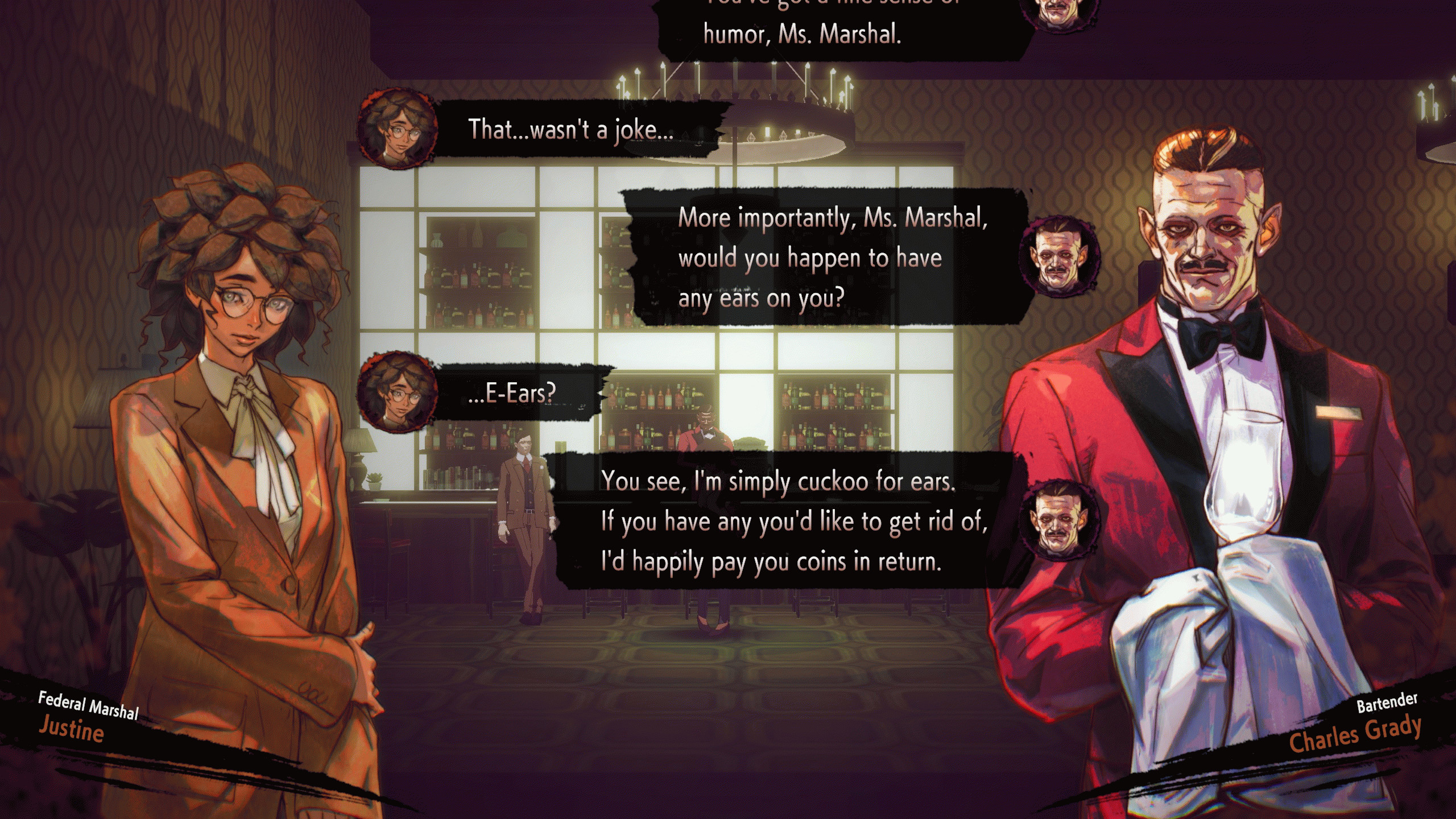 Justine разговаривает с барменом.