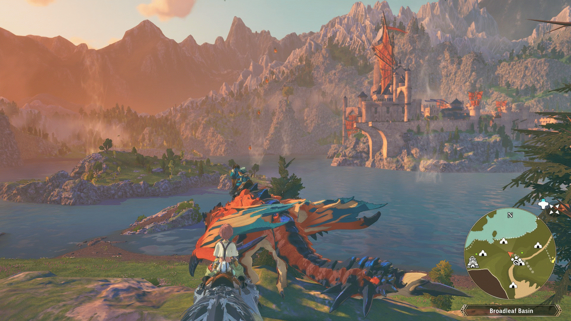 Персонаж игрока скачет на монстре вдоль озера в Monster Hunter Stories 3.