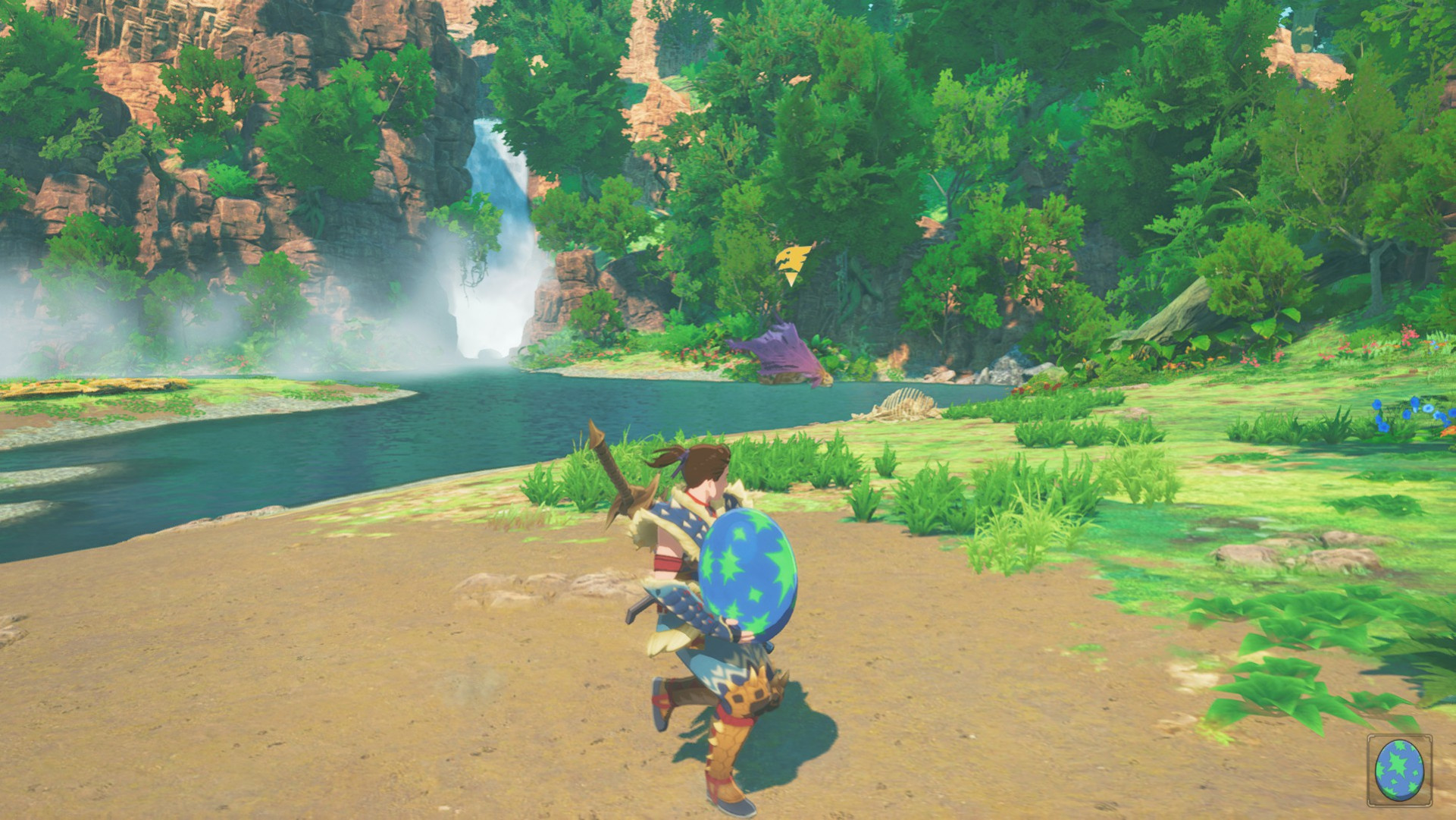 Попытка сбежать с яйцом, пока рядом бродит монстр, в Monster Hunter Stories 3.