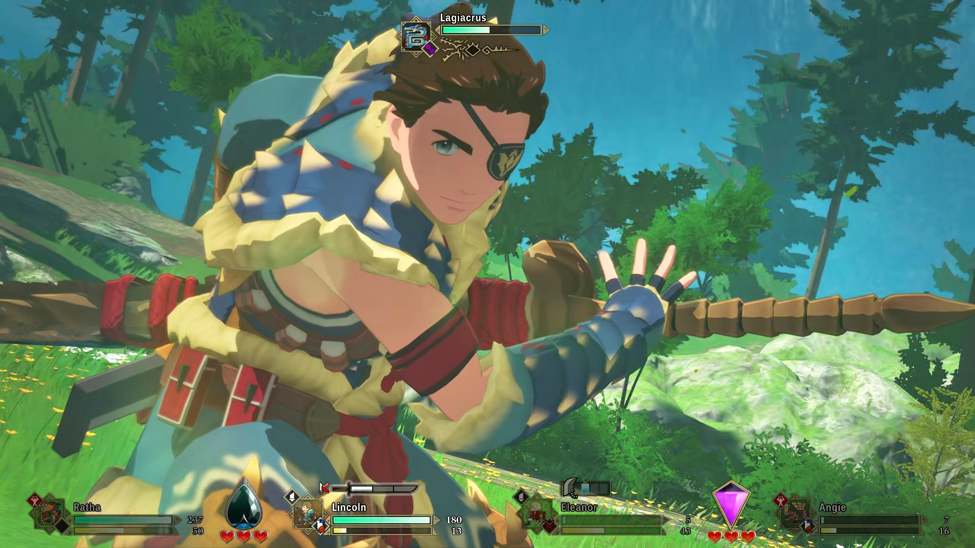 Персонаж игрока подготавливает приём с длинным мечом в Monster Hunter Stories 3.