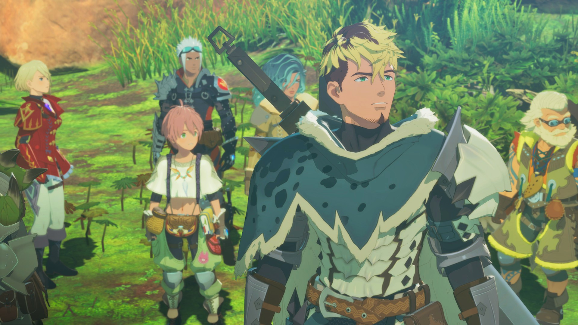 Рейнджеры и охотник в сцене Monster Hunter Stories 3.