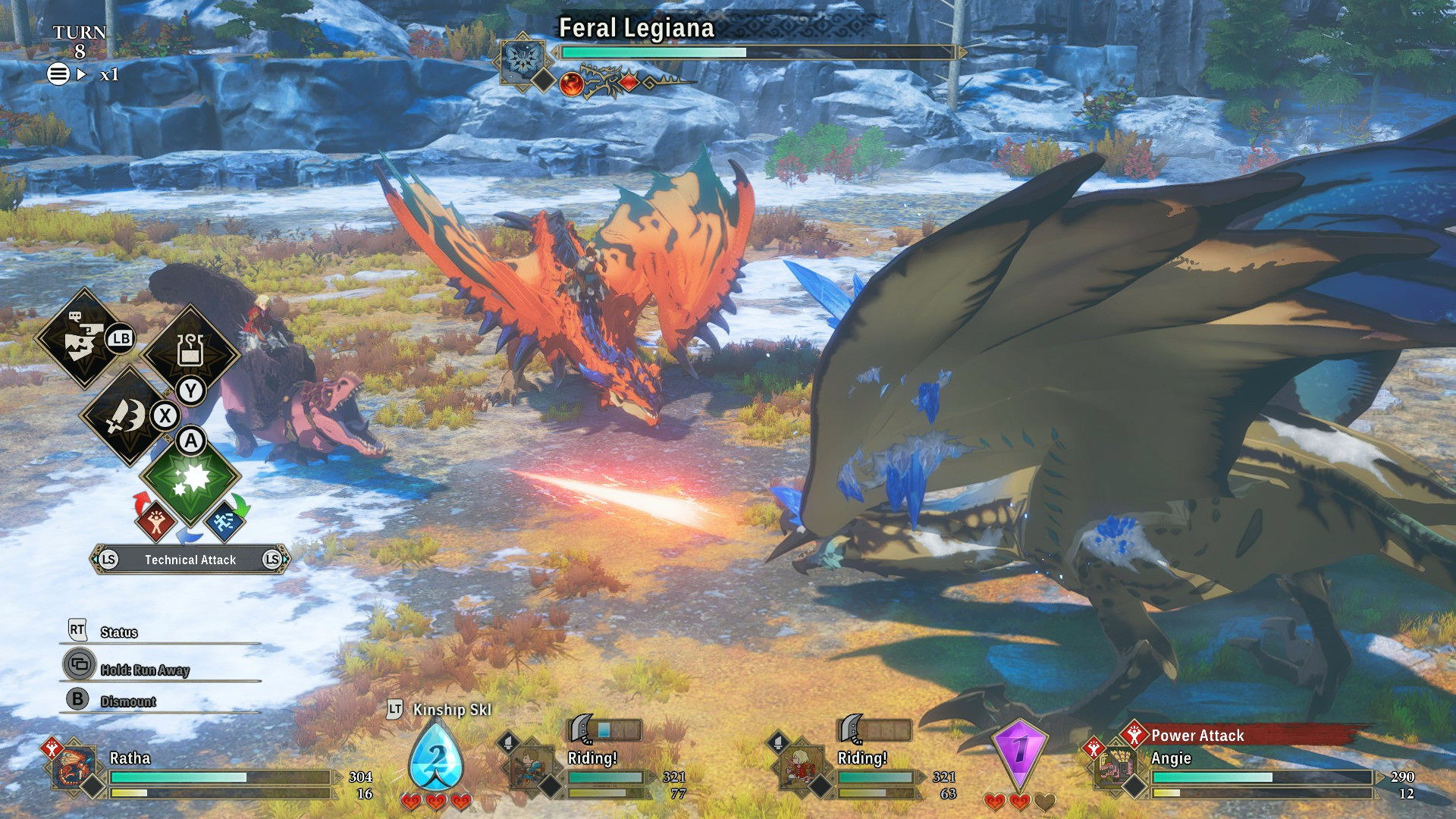 Двое рейнджеров верхом на своих монстрах сражаются с Легианой в Monster Hunter Stories 3.