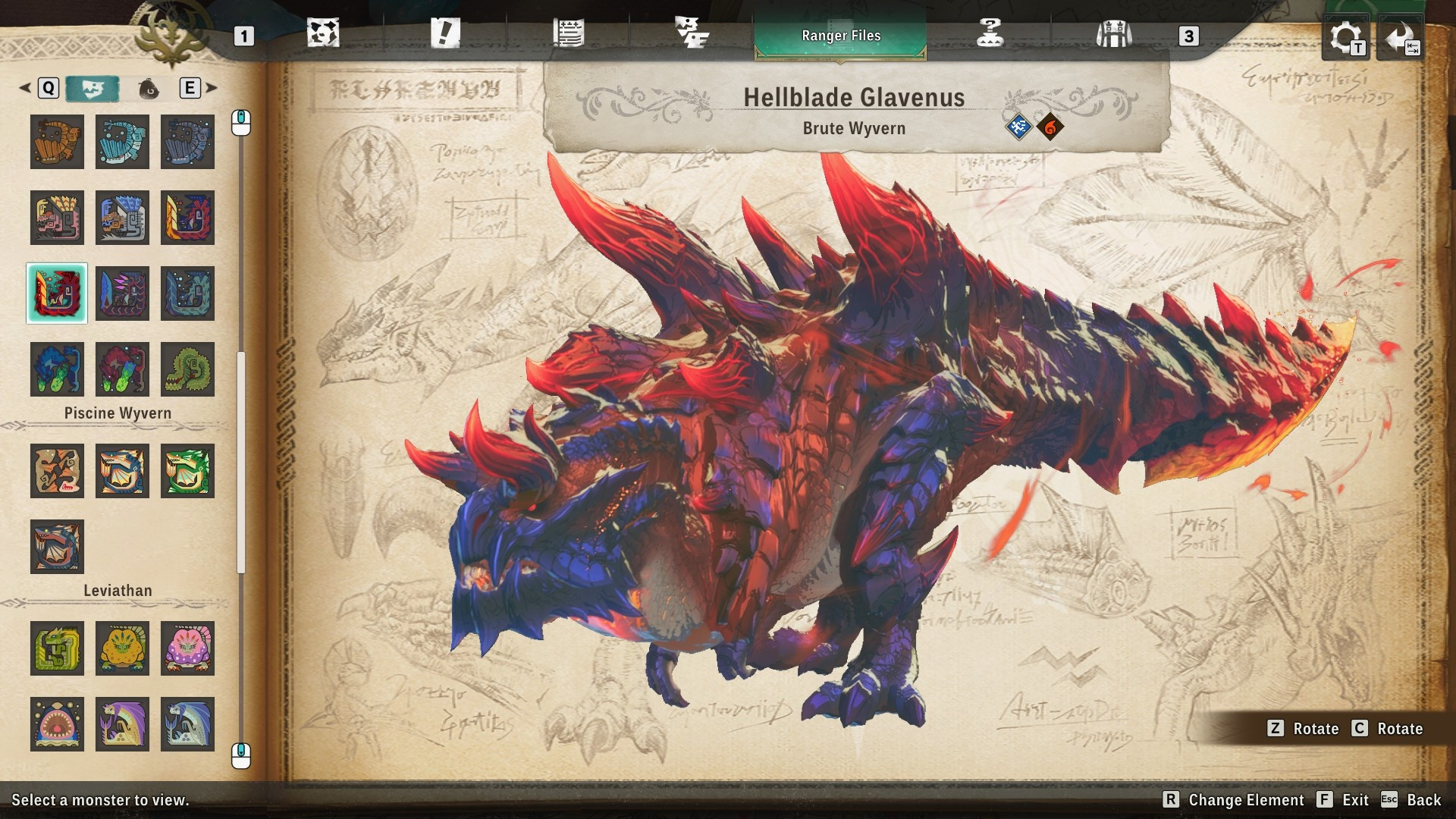 Мутация Хеллблейд Главенус из Monster Hunter Stories 3. Это наземная, массивная виверна с красно-синей чешуёй.