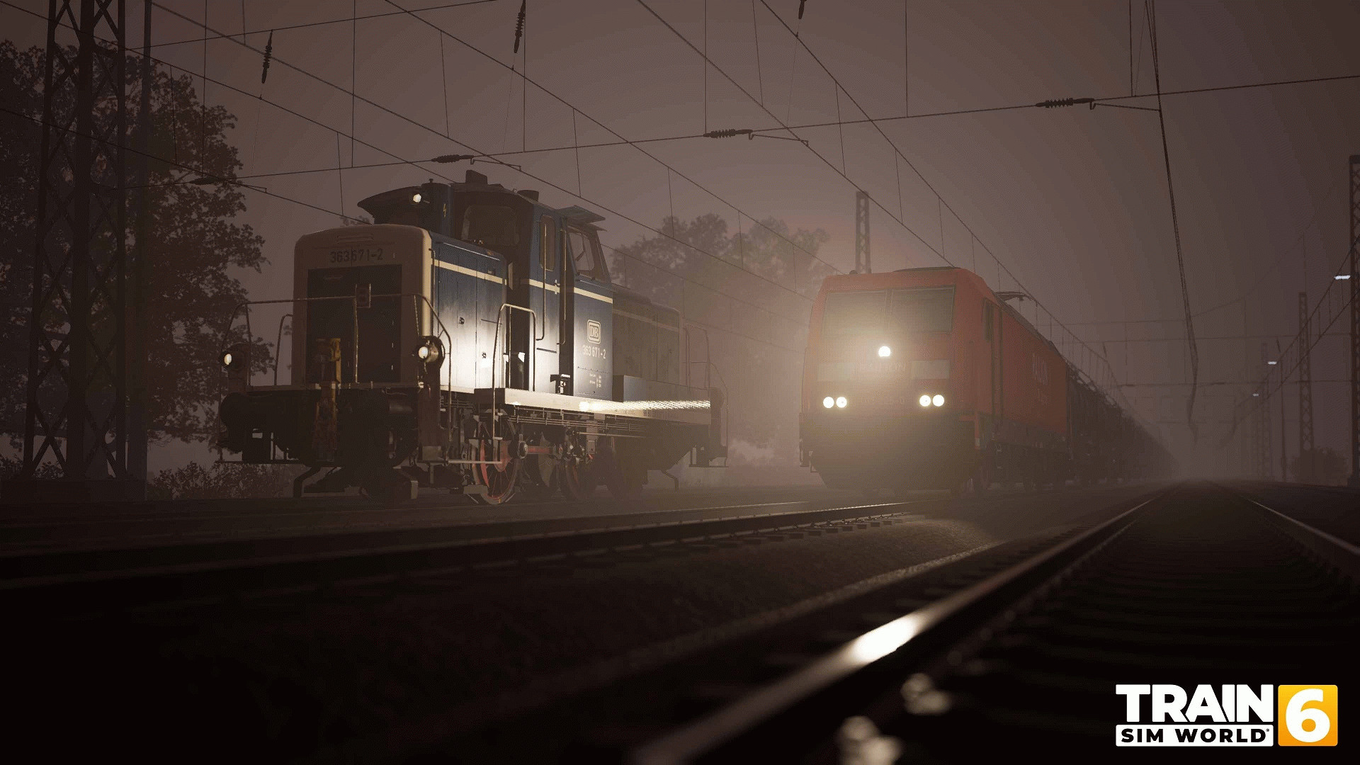 туманная ночная сцена с двумя поездами в Train Sim World 6.