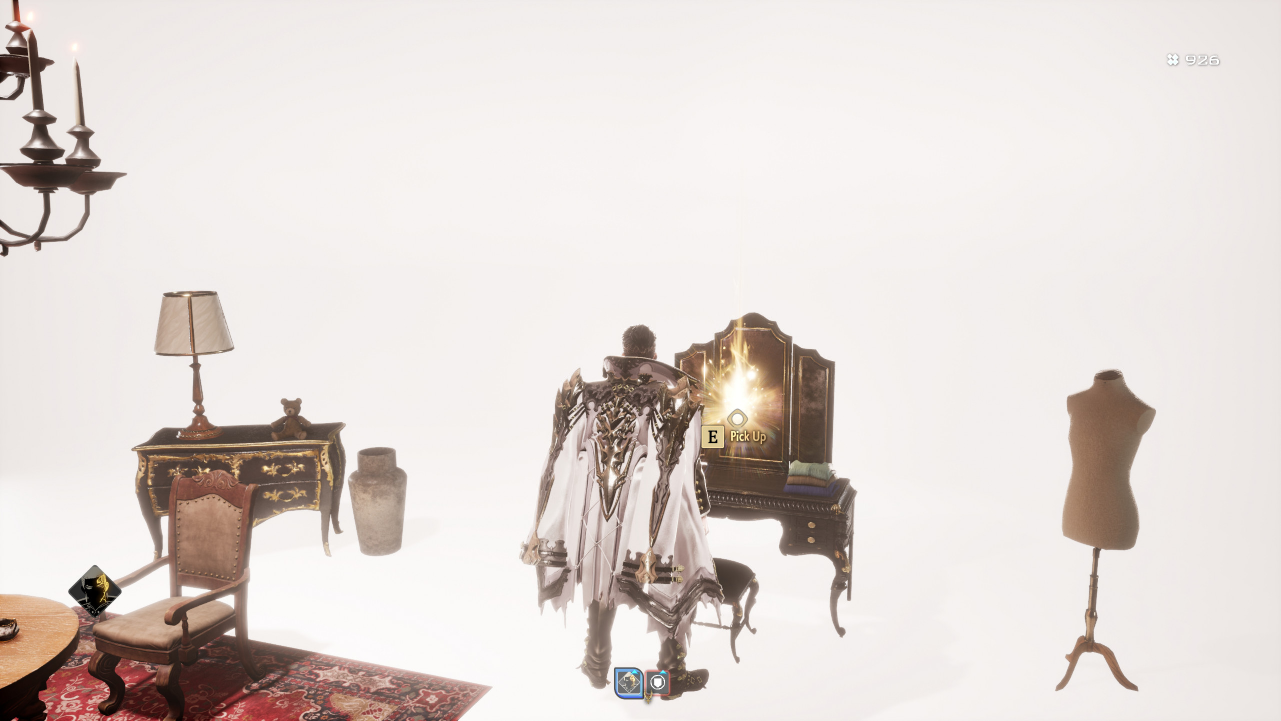 Code Vein 2 лучшее раннее оружие: игрок смотрит на туалетный столик с сияющим предметом в белой комнате.