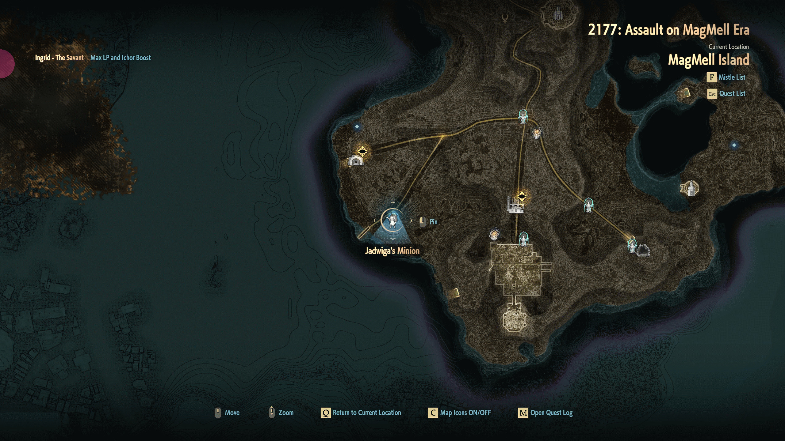 Code Vein 2 лучшее раннее оружие: карта с отмеченным местом одного из прислужников Ядвиги на юго-западном побережье острова Магмелл.