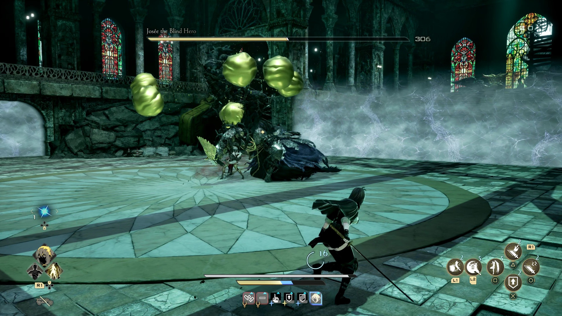 Code Vein 2 Жозе: персонаж уклоняется, пока Жозе создаёт зелёные сферы вдали.