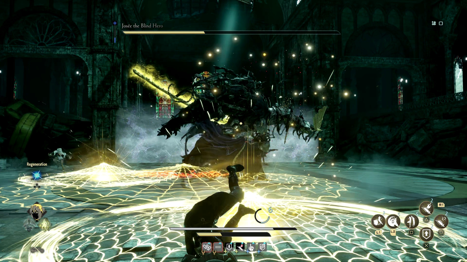 Code Vein 2 Жозе: персонаж уклоняется, пока Жозе атакует жёлтыми сетями.