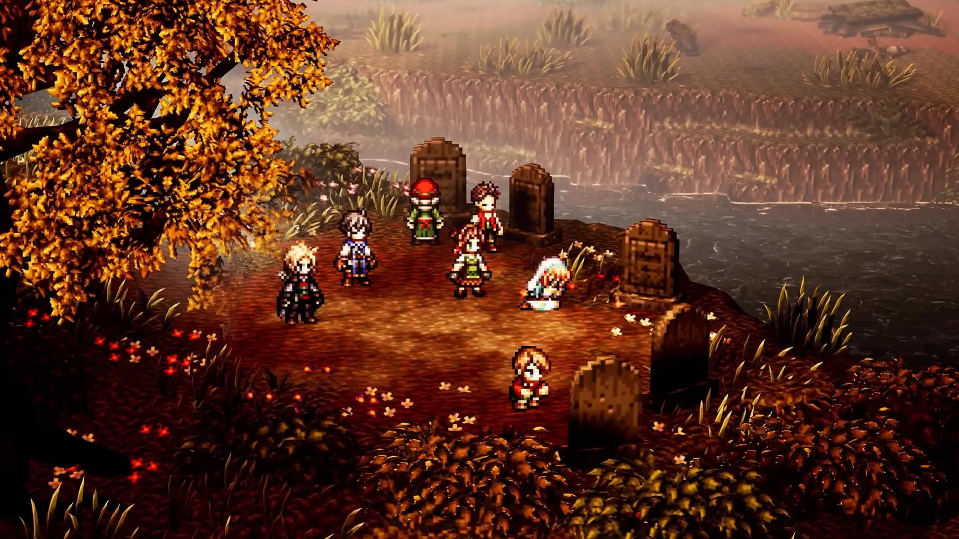 HD-2D-стиль Octopath Traveler 0: герои собрались на закате у могилы, перед которой плачет женщина.