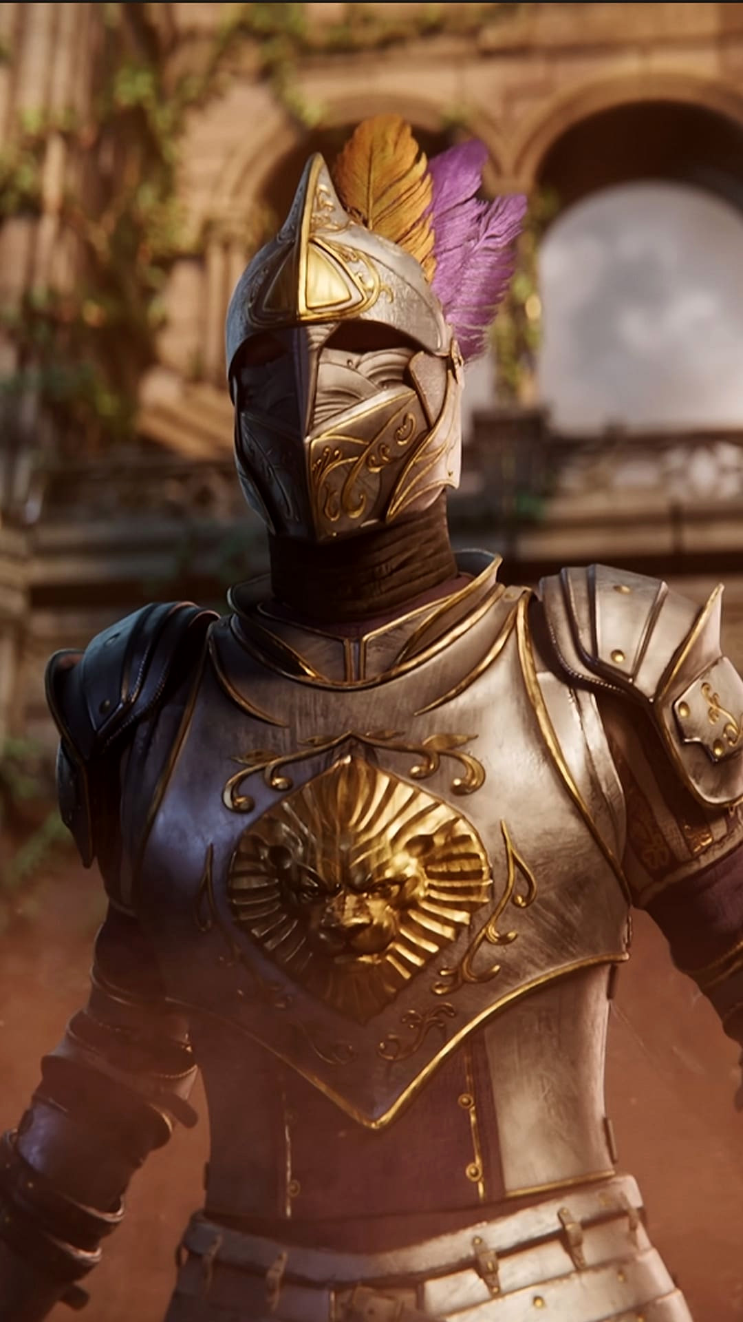 Персонаж из Ashes of Creation в серебряных доспехах и ярком пернатом шлеме