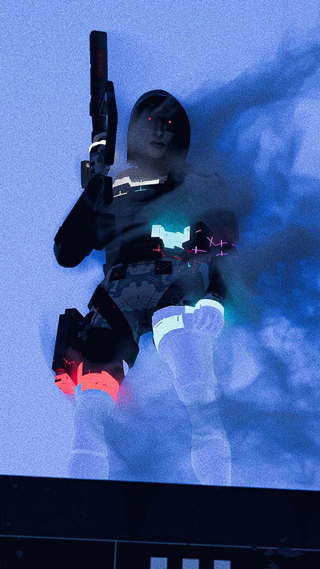 Персонаж из Marathon в голубом тумане стоит на крыше, направив оружие в небо