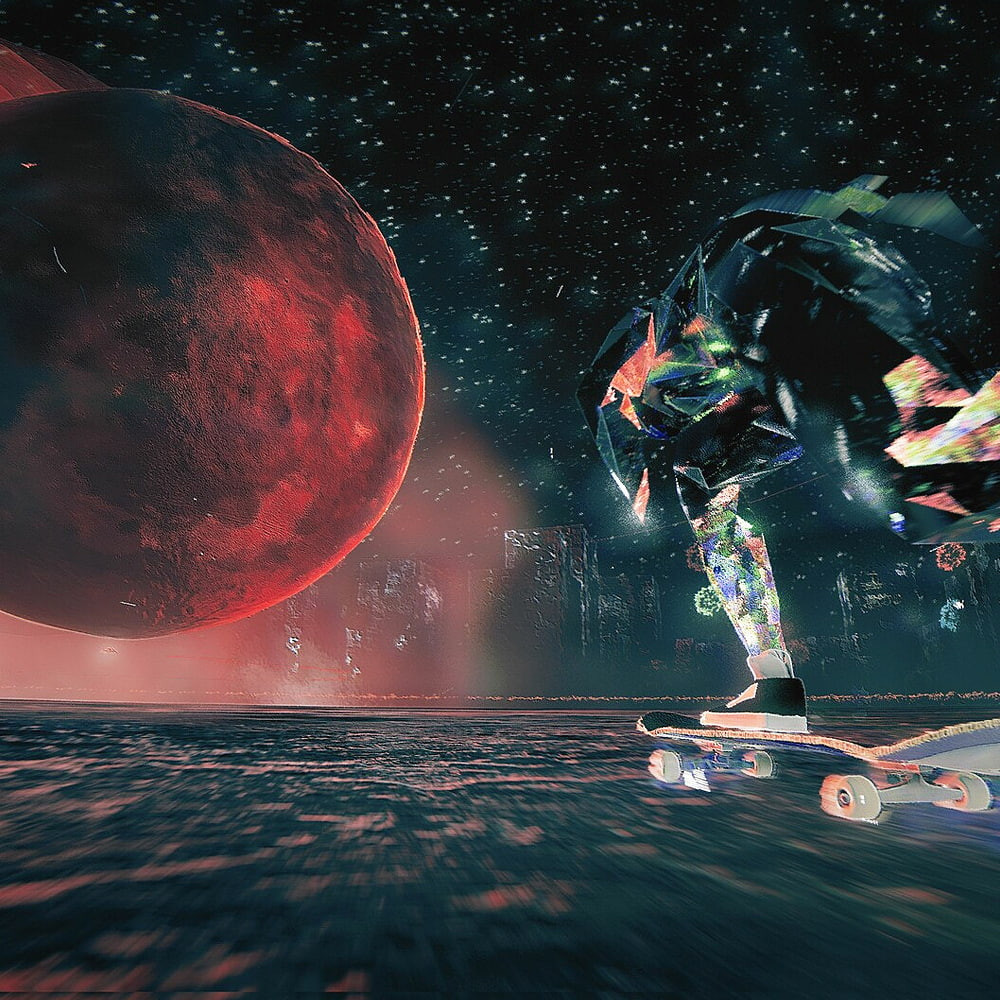 Странное ночное небо; на скейтборде к низко висящей планете мчится мехоподобная фигура