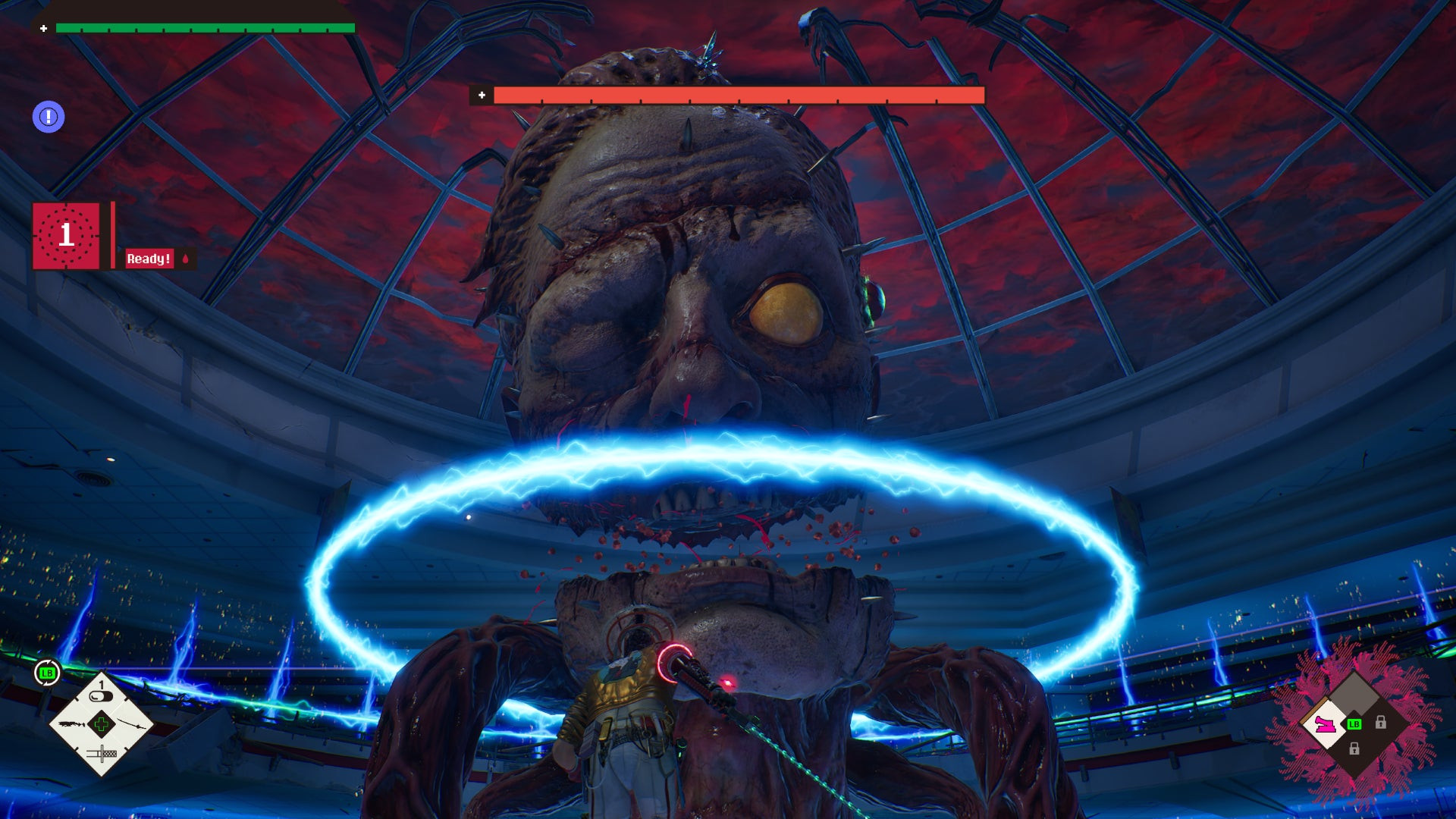 Ромео сражается с боссом — гигантской головой, разрубленной по челюсти, в Romeo is a Dead Man.