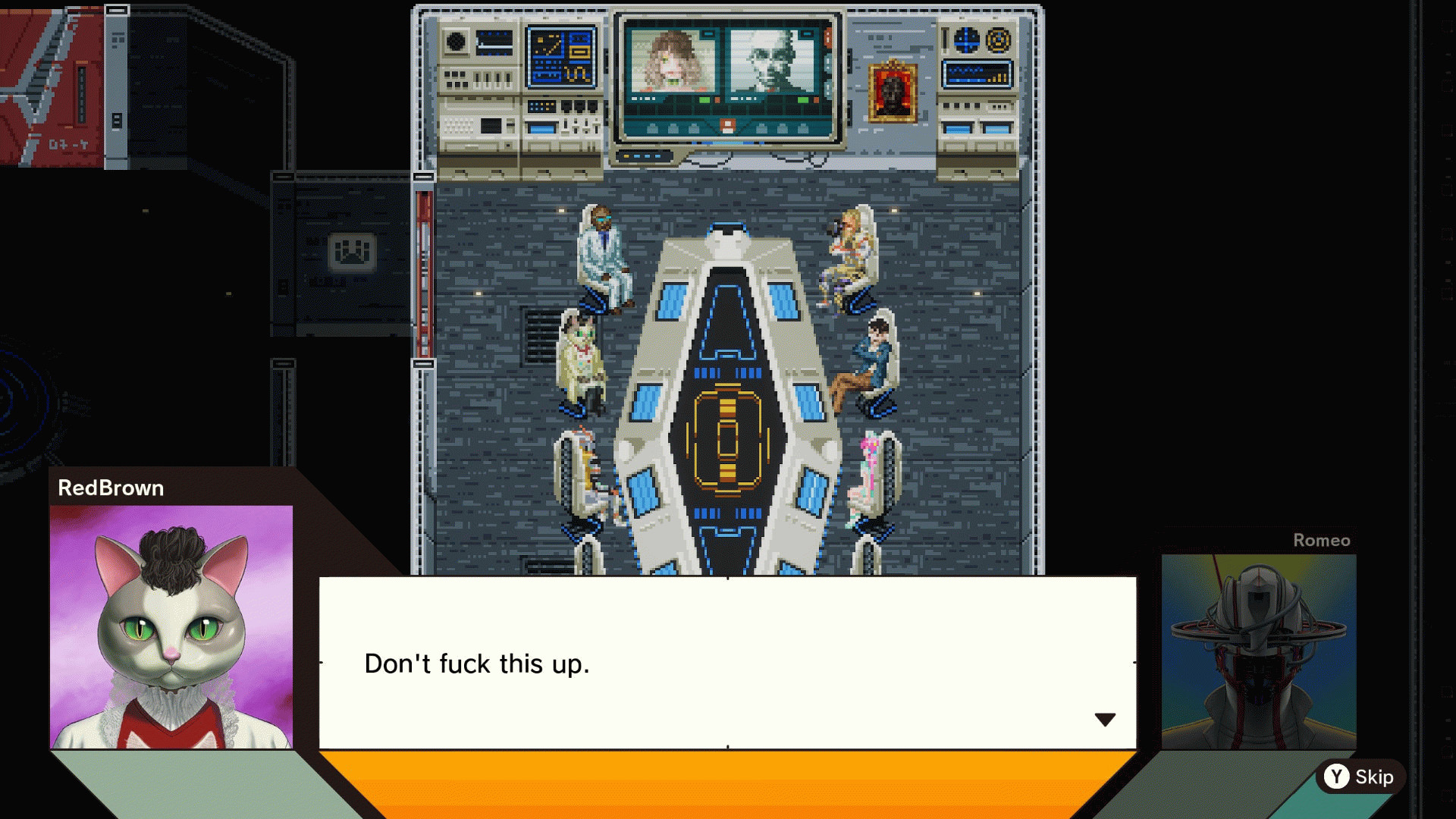 Агент-кошка RedBrown предупреждает Ромео на космической базе ФБР в Romeo is a Dead Man.