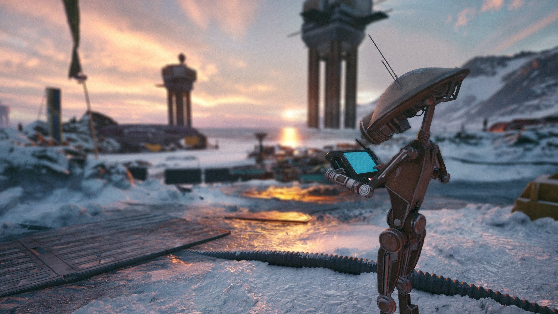 Дроид у площадки настройки в Star Wars: Galactic Racer.