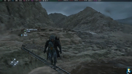 Геймплей DEATH STRANDING 2 на Linux, вид на персонажа и окружение