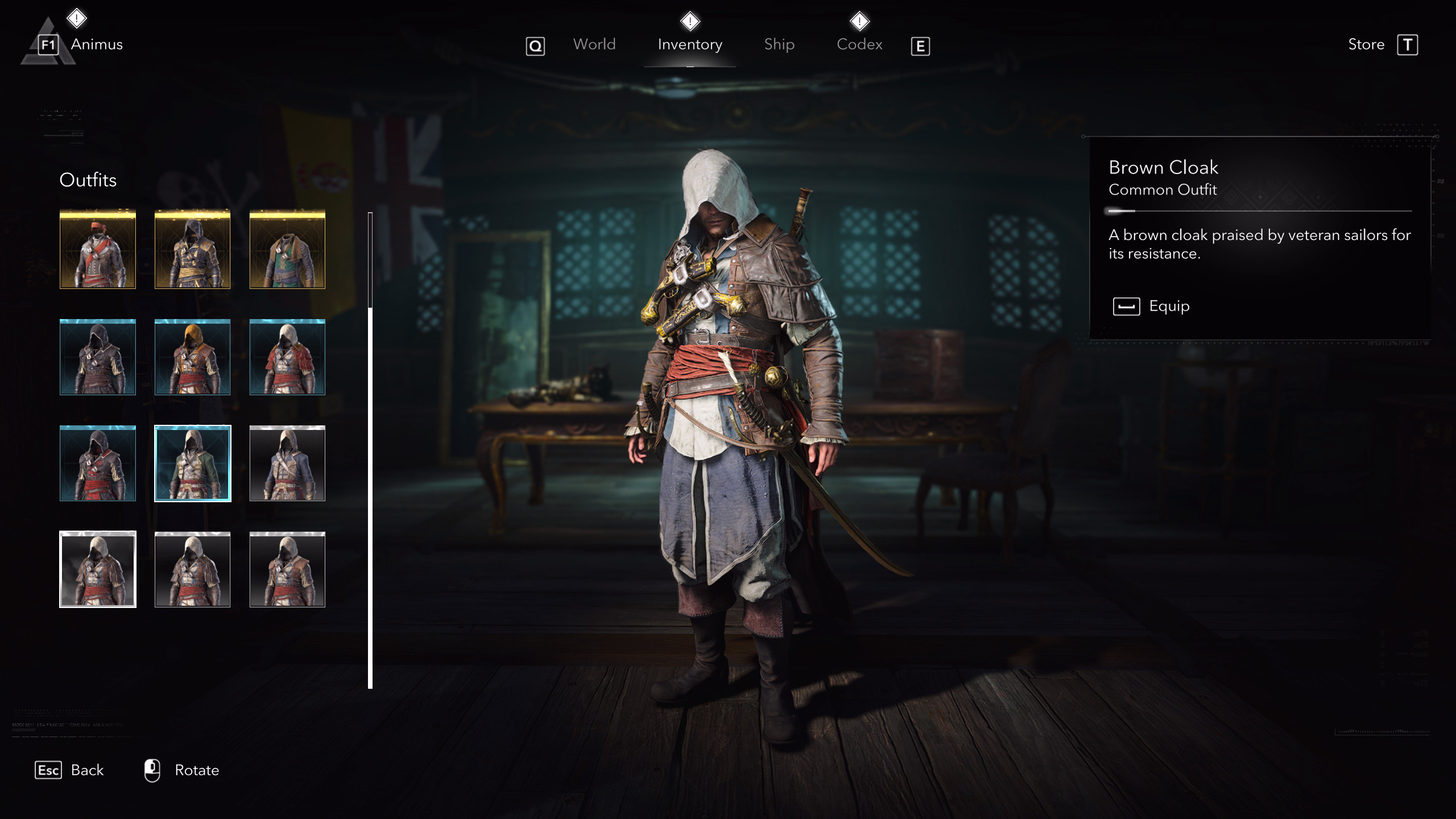 Костюмы Assassin's Creed Black Flag Resynced: Бурый плащ в игровом меню.