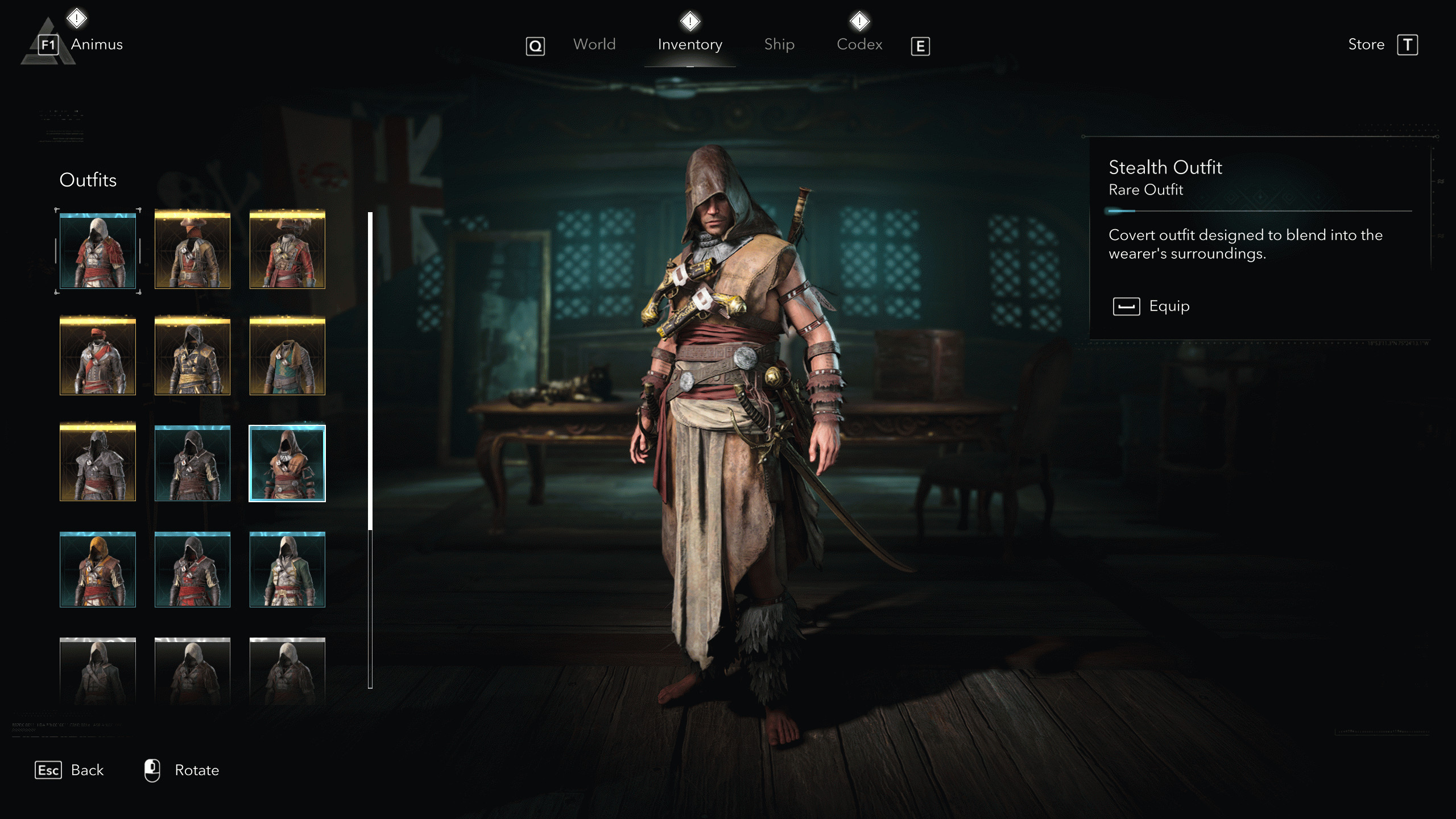 Костюмы Assassin's Creed Black Flag Resynced: Наряд лазутчика в игровом меню.