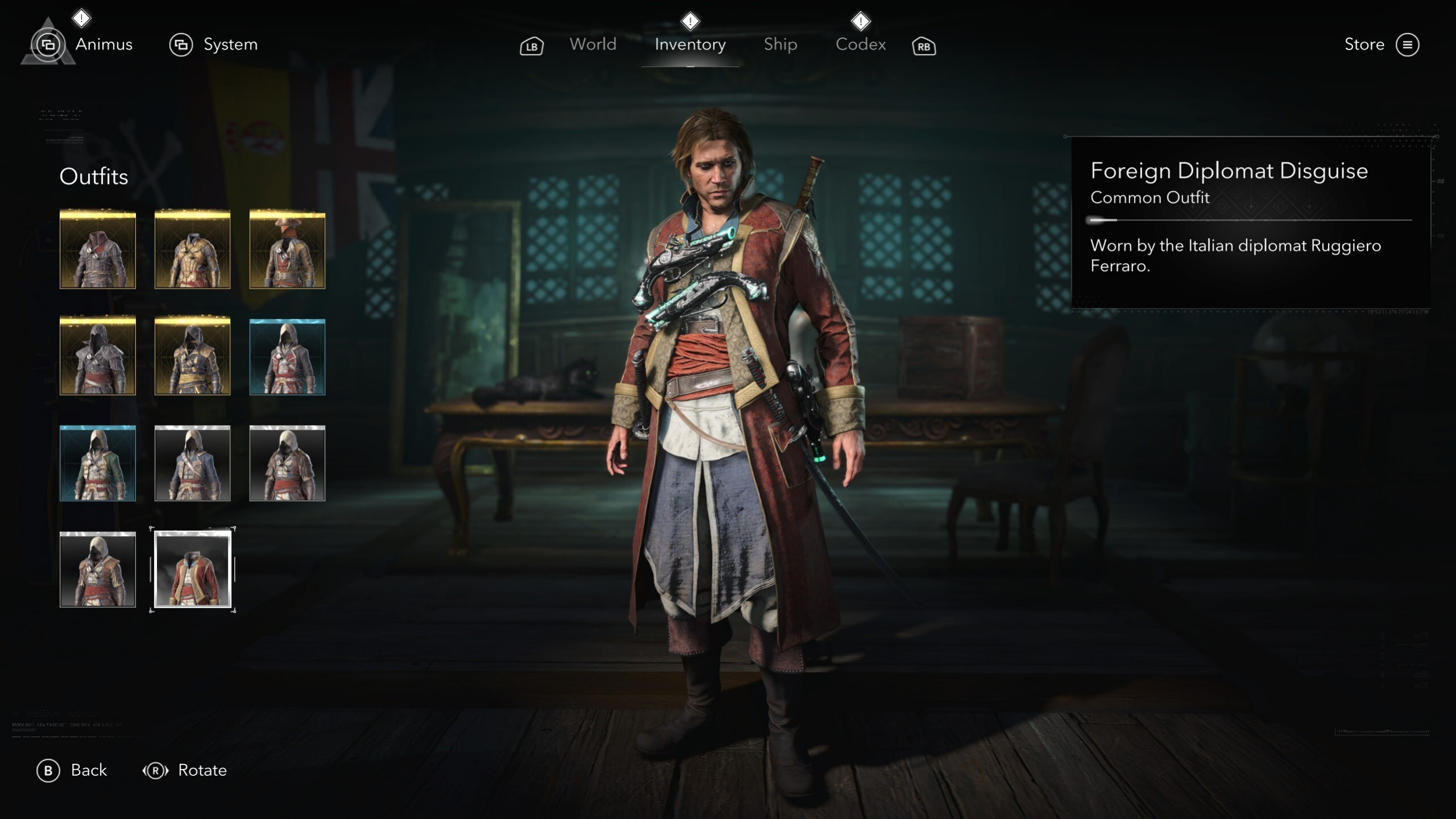 Костюмы Assassin's Creed Black Flag Resynced: Маскировка иностранного дипломата в игровом меню.