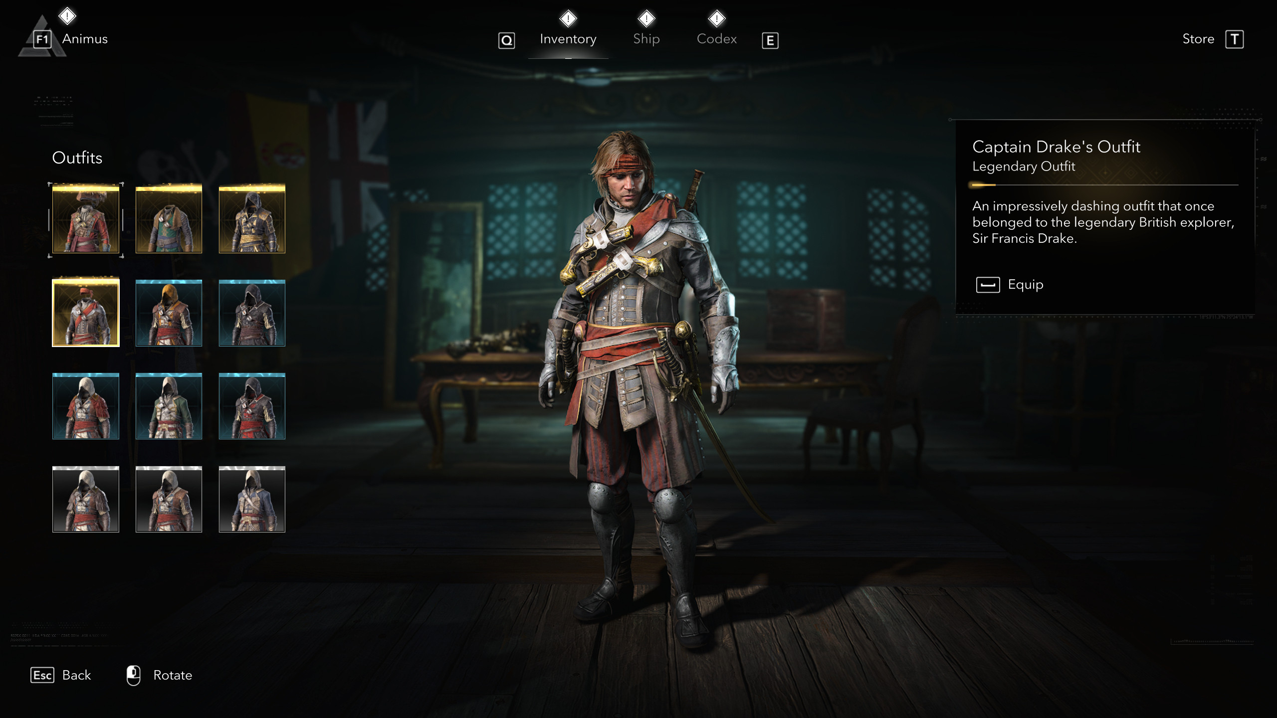 Костюмы Assassin's Creed Black Flag Resynced: Наряд капитана Дрейка в игровом меню.