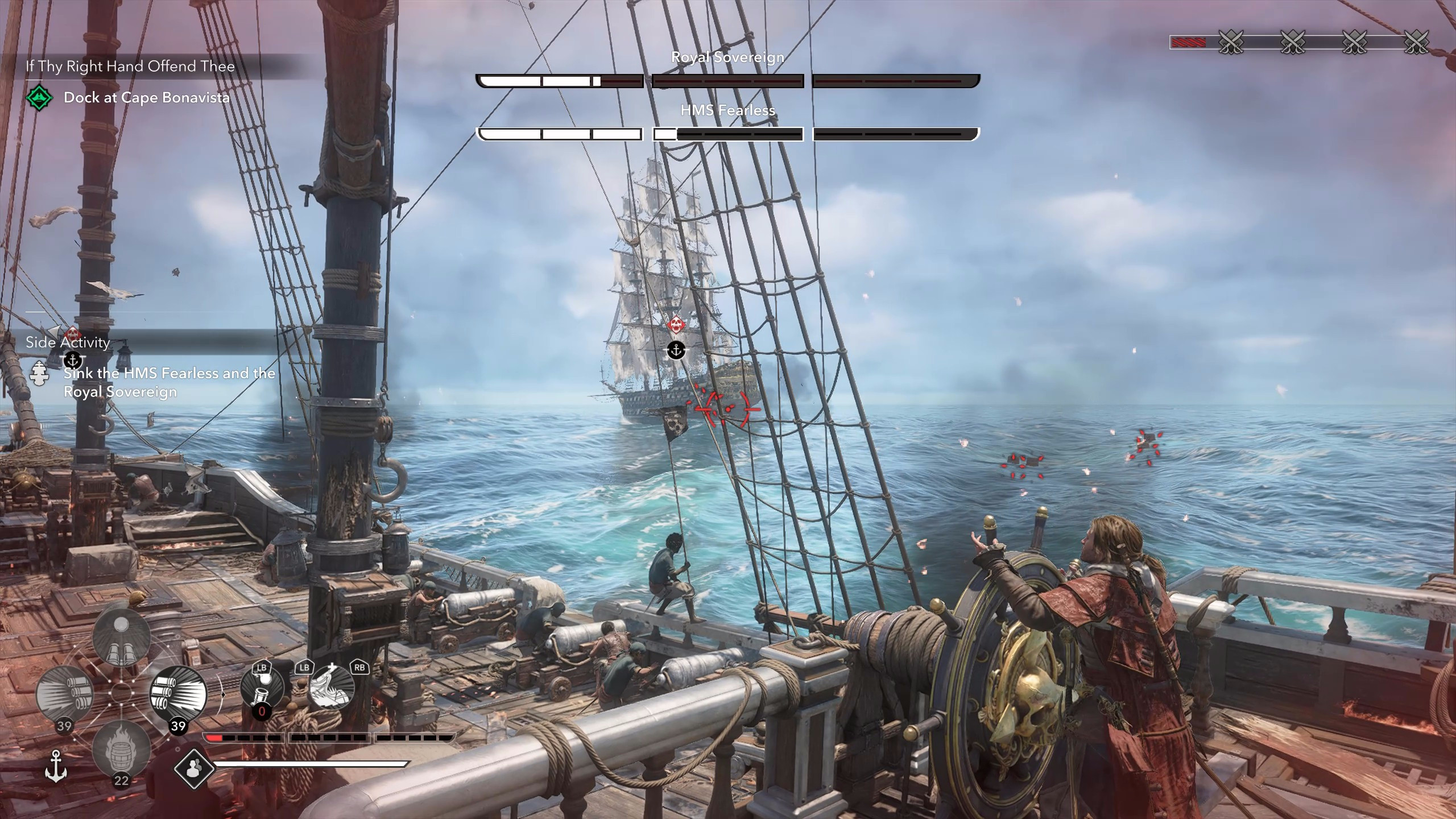 Легендарные корабли Assassin's Creed Black Flag Resynced: морской бой, где игрок целится в «Бесстрашного» вдали.