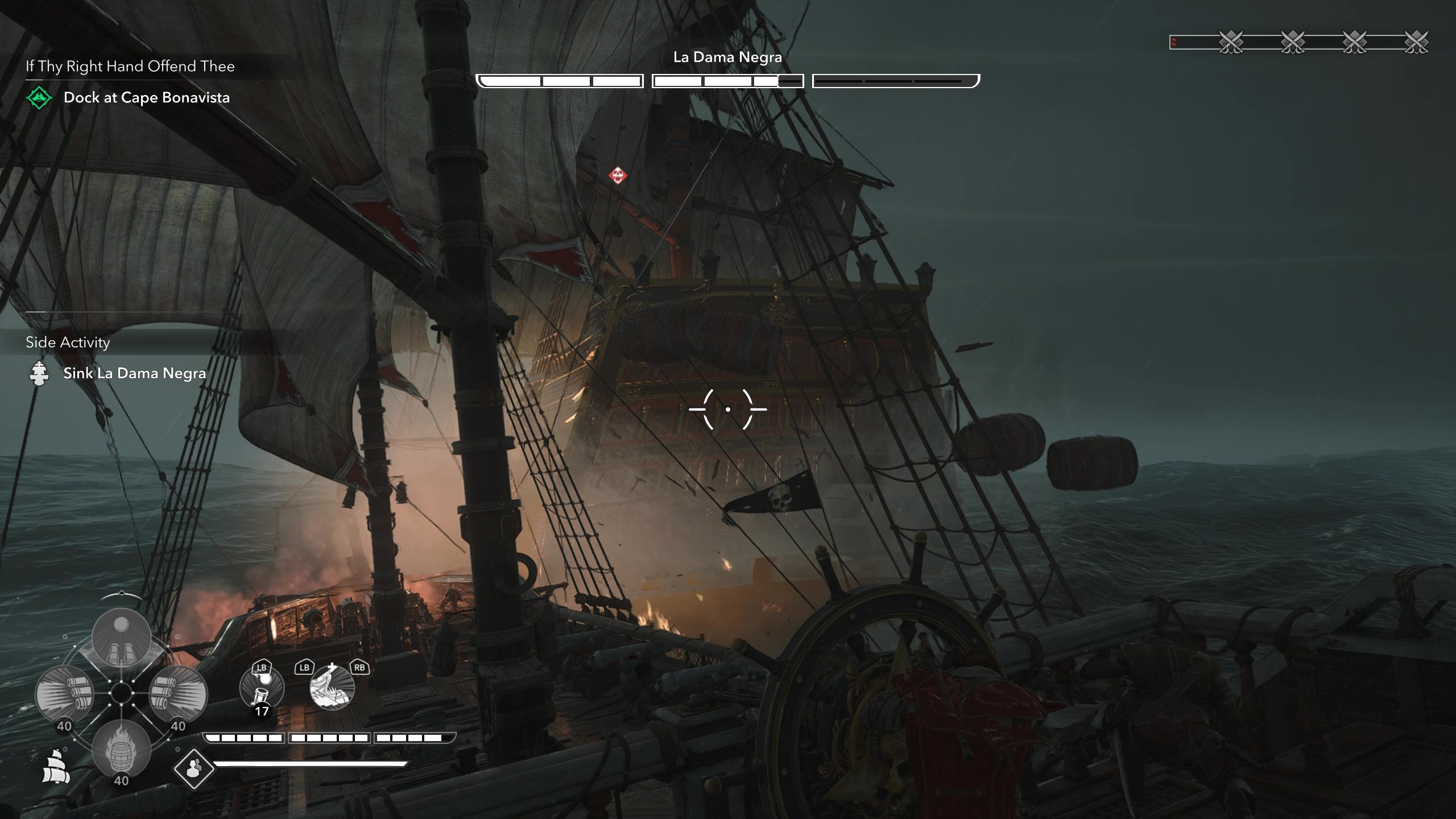 Легендарные корабли Assassin's Creed Black Flag Resynced: морской бой против «Ла Дамы Негры», где корабль сбрасывает за собой взрывные бочки.