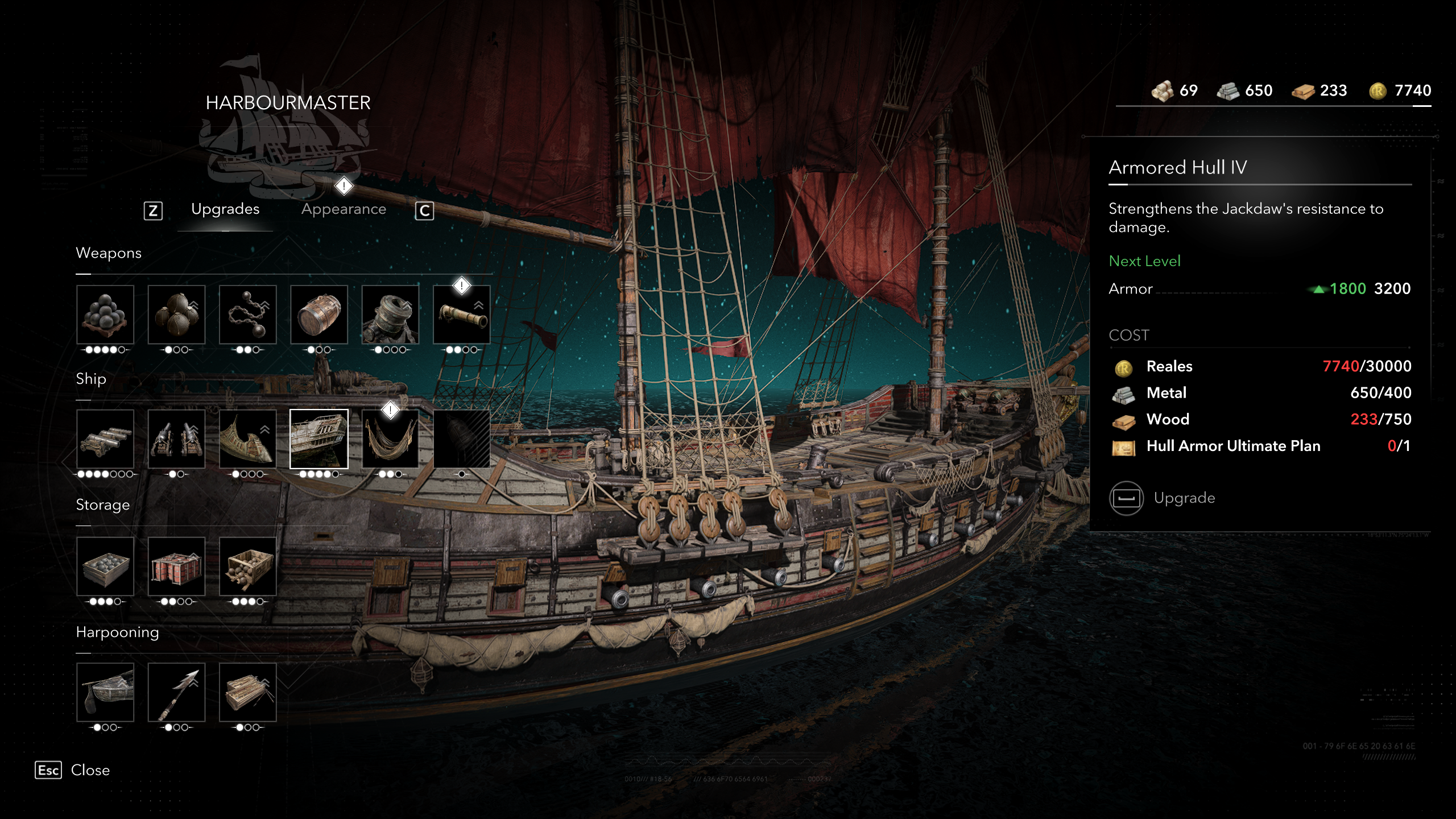 Особые чертежи в Black Flag Resynced: игрок осматривает улучшение «Особый корпус» у капитана порта.