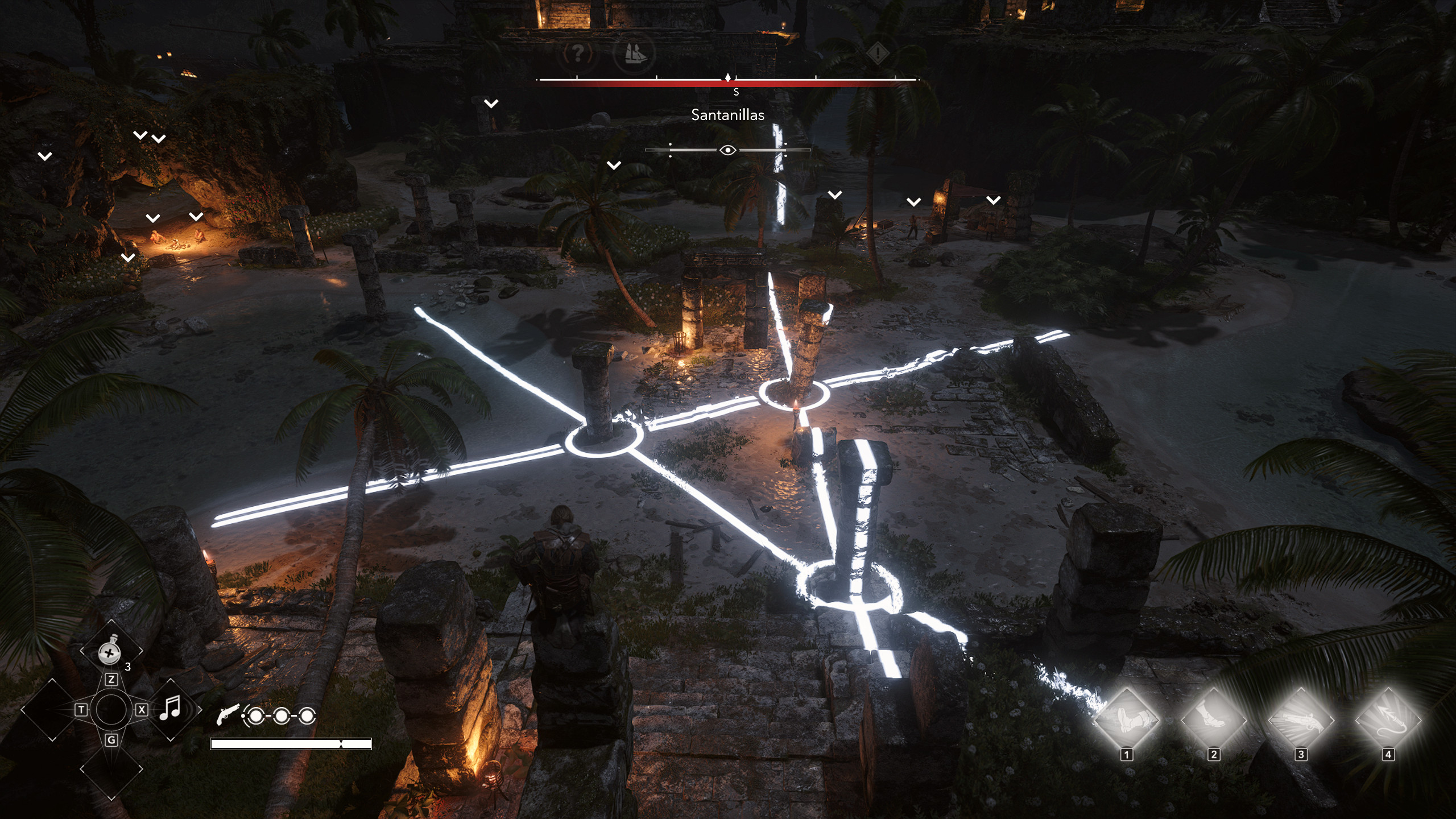 Камни майя в Assassin's Creed Black Flag Resynced: Эдвард сидит на вершине стелы и решает головоломку среди руин внизу.