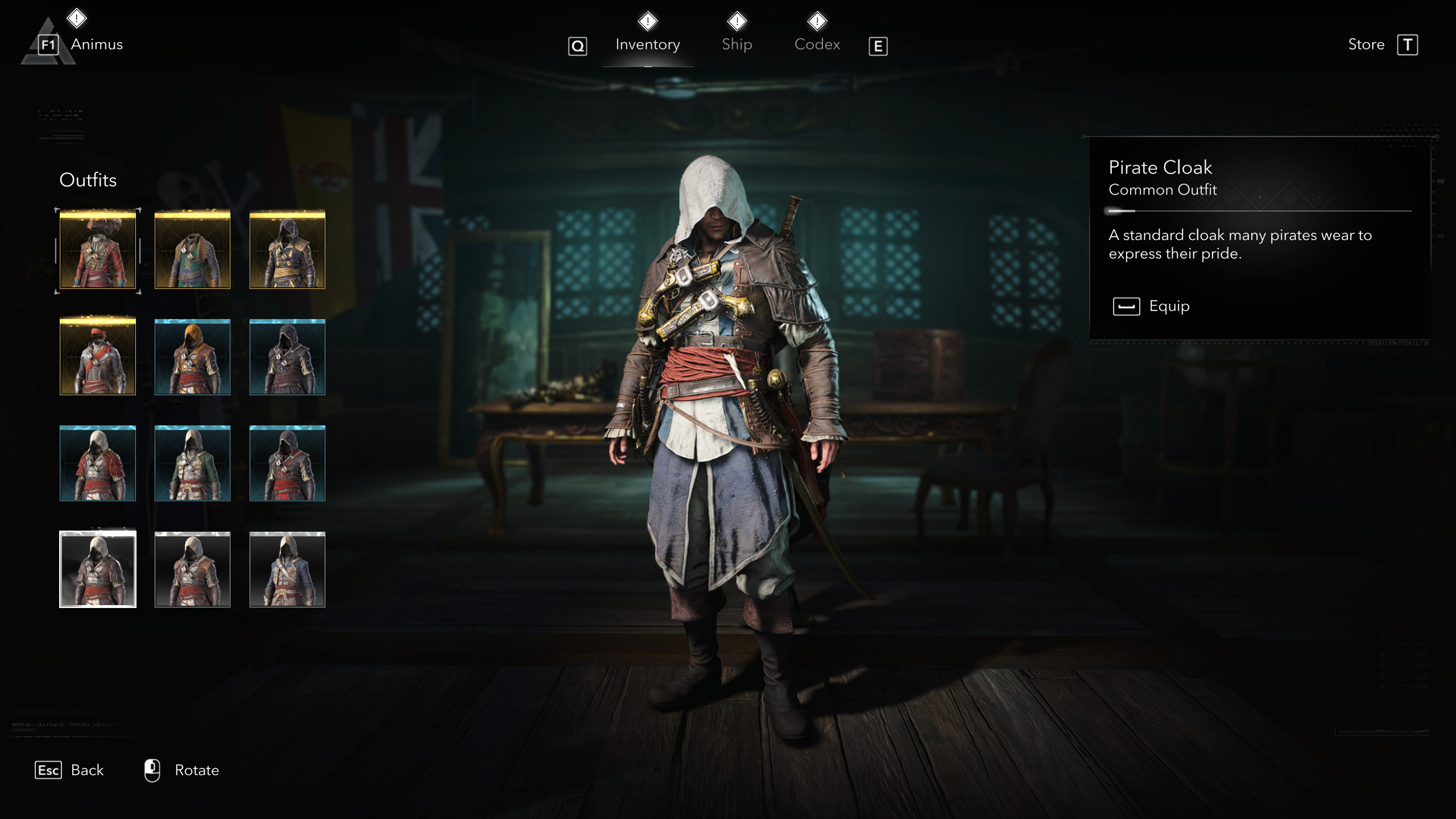 Костюмы Assassin's Creed Black Flag Resynced: Плащ пирата в игровом меню.