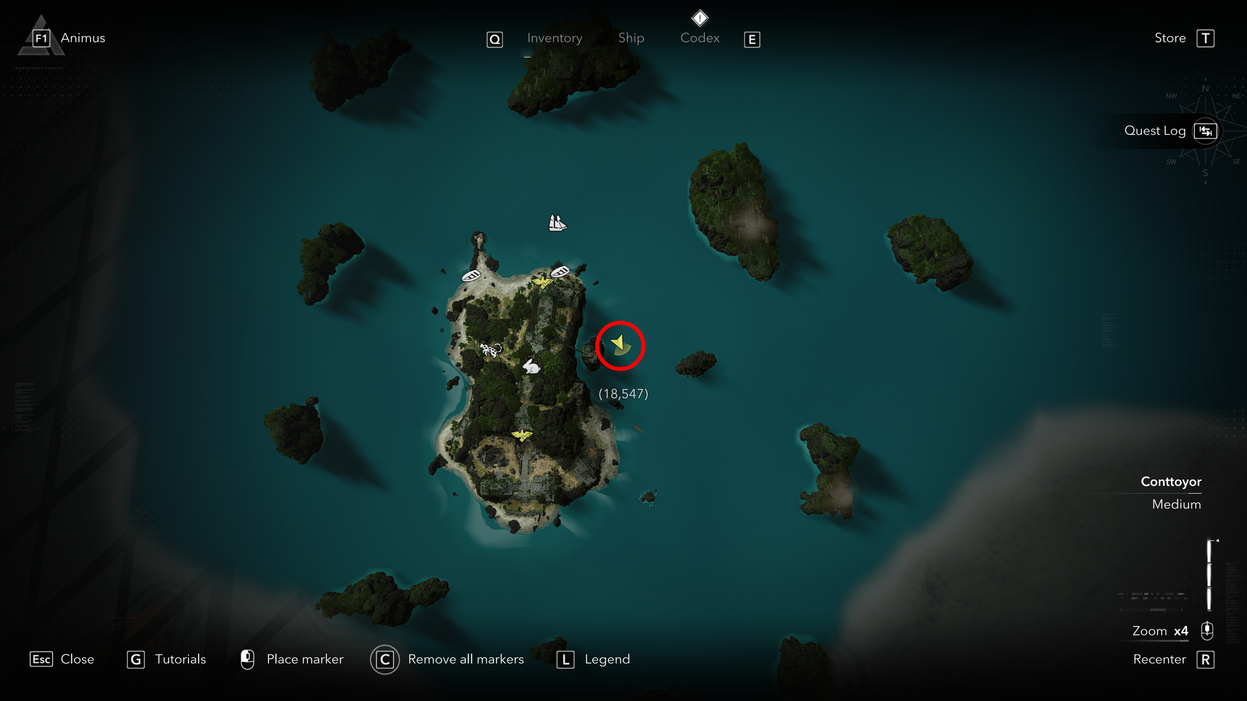 Костюмы Assassin's Creed Black Flag Resynced: карта с красным кругом, отмечающим местоположение Наряда капитана Дрейка на острове Сакрифисиос.