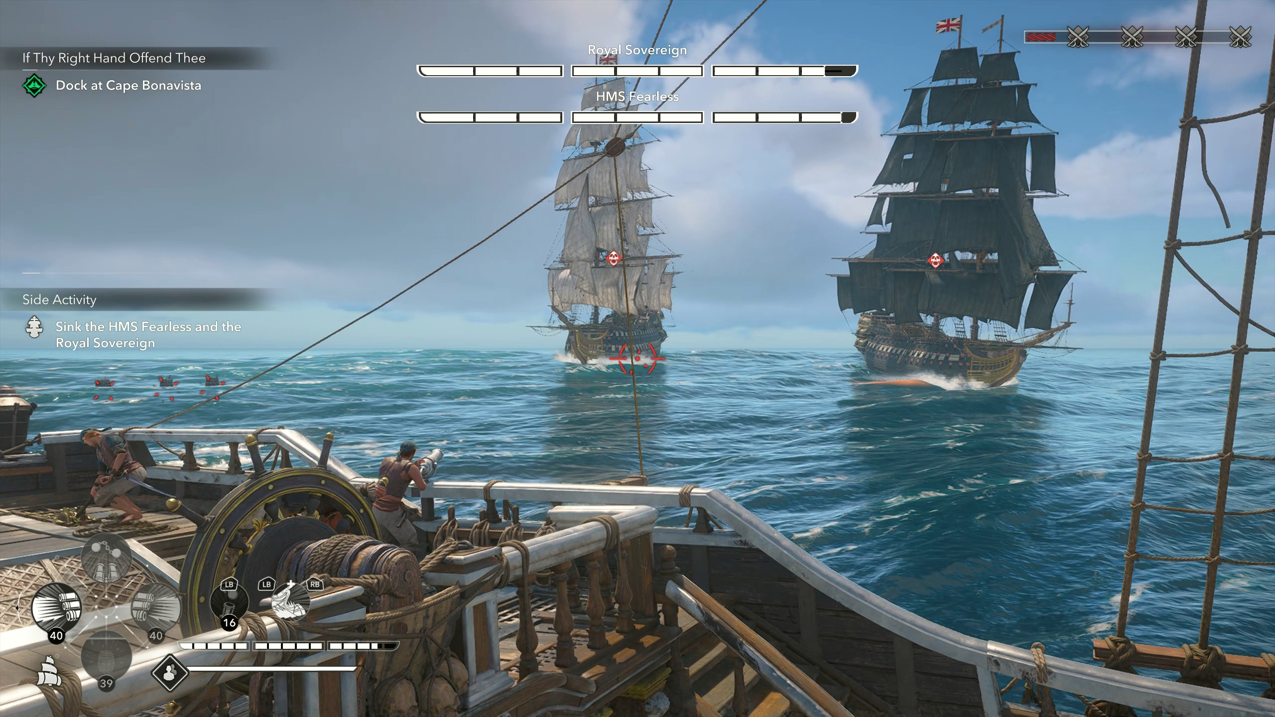 Легендарные корабли Assassin's Creed Black Flag Resynced: морской бой, где игрок целится в «Бесстрашного» и «Суверена».