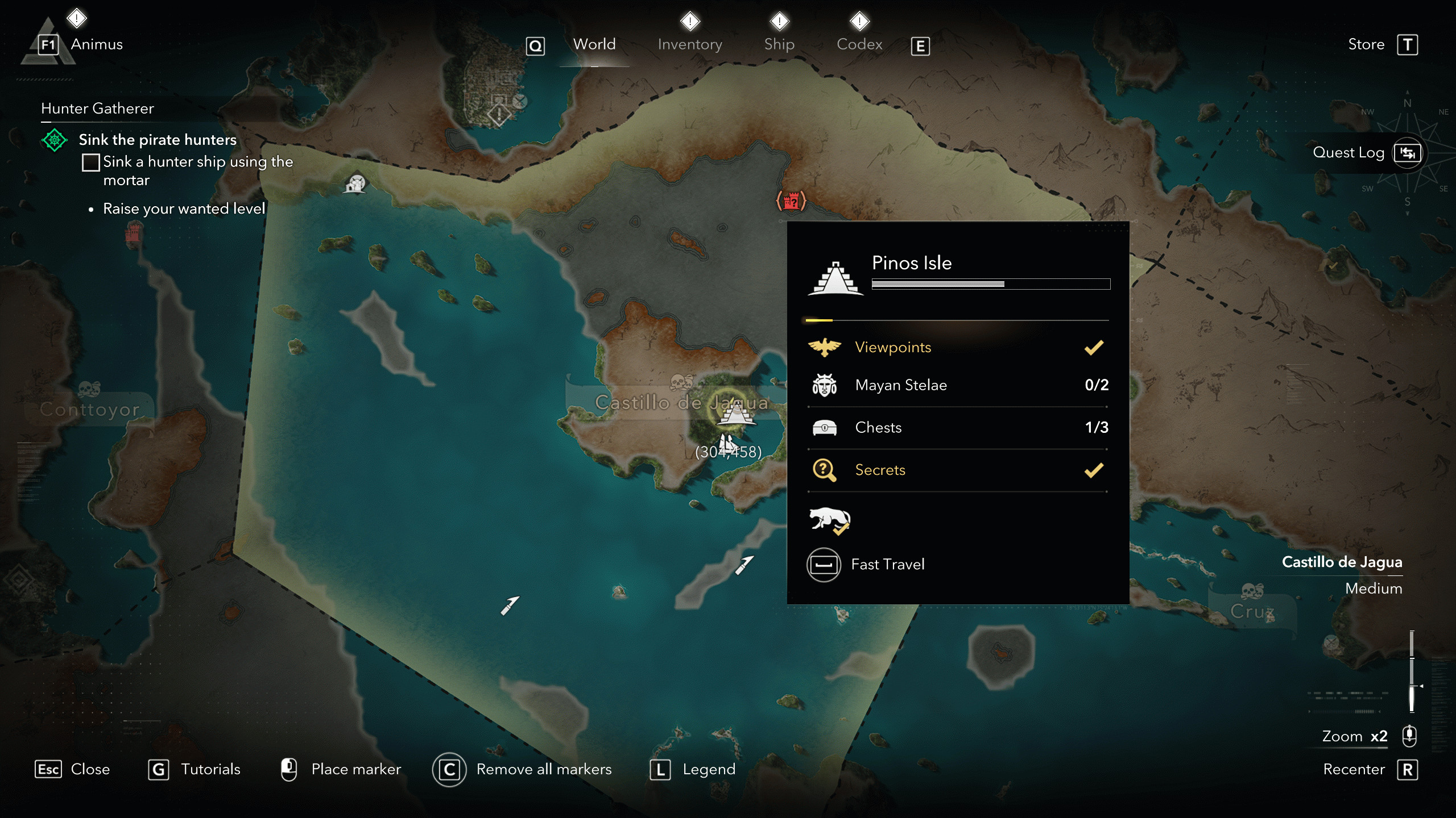 Камни майя в Assassin's Creed Black Flag Resynced: карта с местоположением камня майя/стелы на острове Пинос, Кастильо-де-Хагуа.