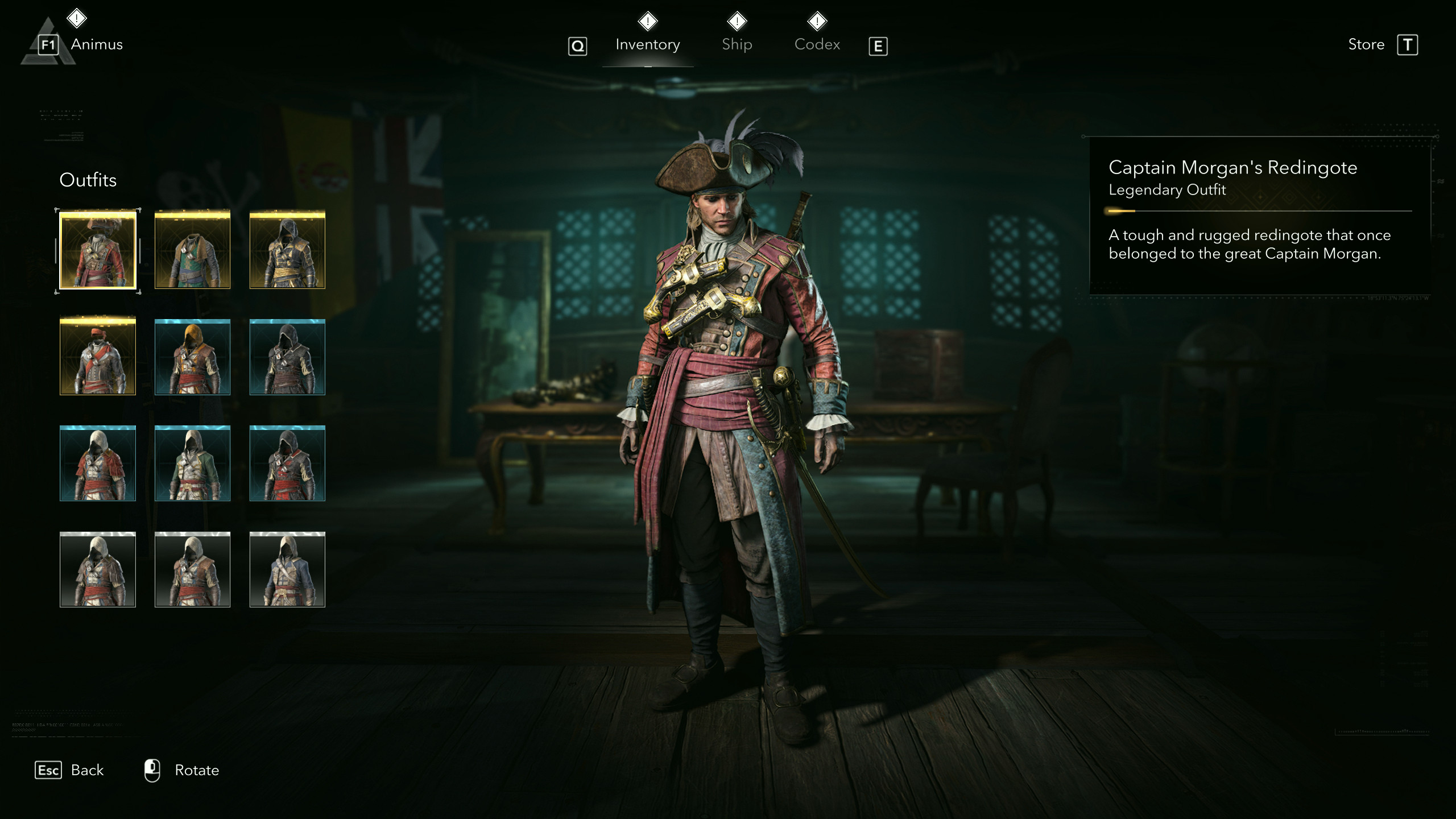 Костюмы Assassin's Creed Black Flag Resynced: Редингот капитана Моргана в игровом меню.