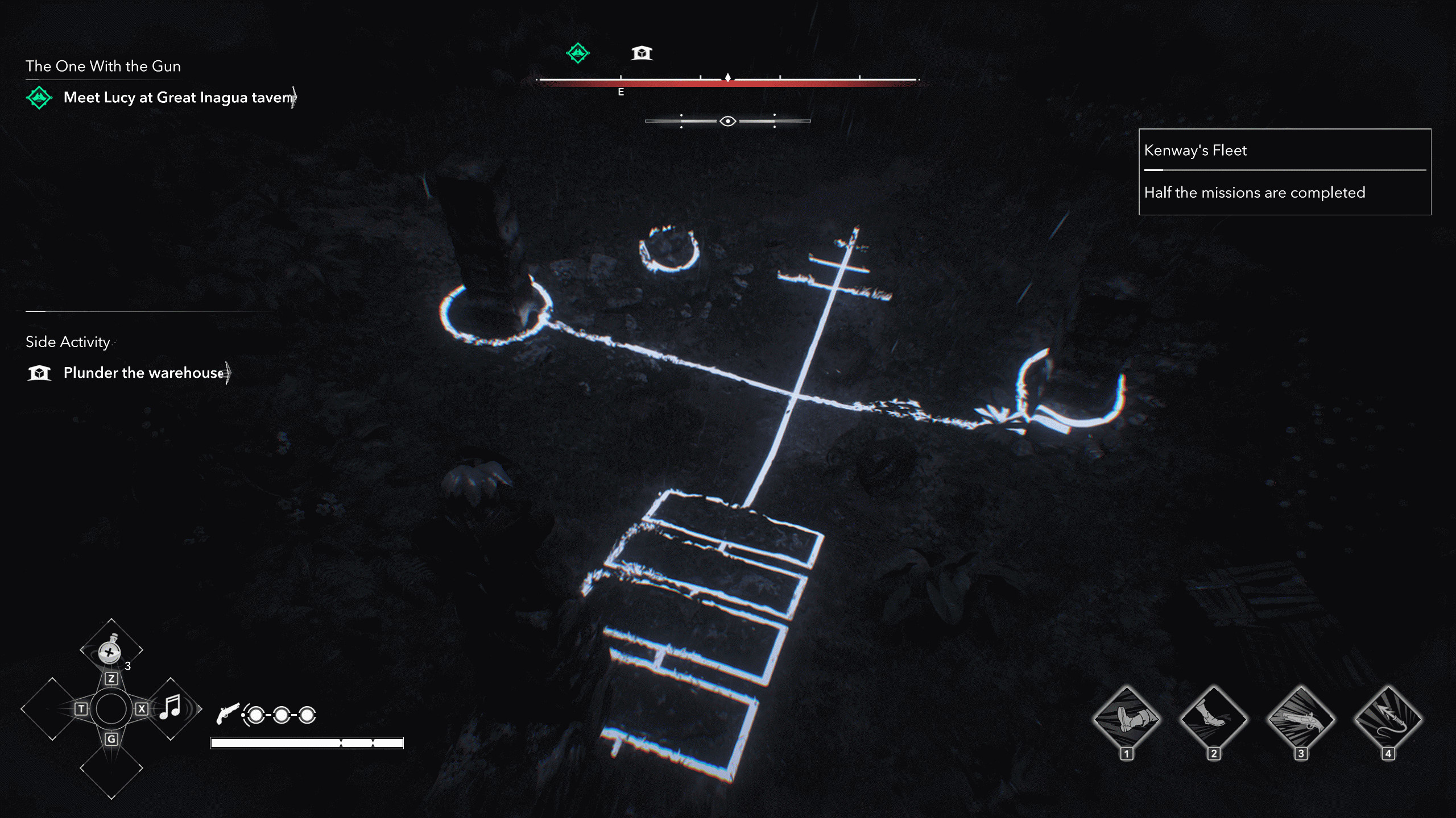 Камни майя в Assassin's Creed Black Flag Resynced: Эдвард сидит на вершине стелы и решает головоломку среди руин внизу.