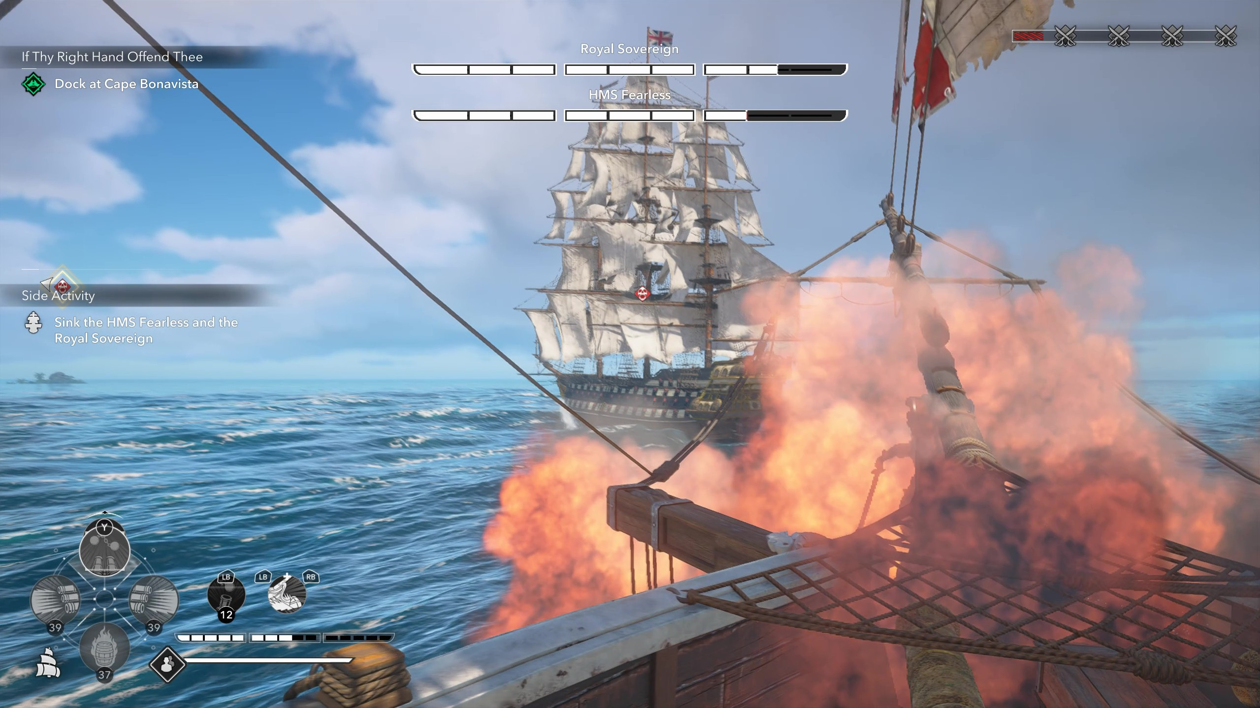 Легендарные корабли Assassin's Creed Black Flag Resynced: морской бой, где игрок стреляет из носовых пушек по отступающему «Бесстрашному».
