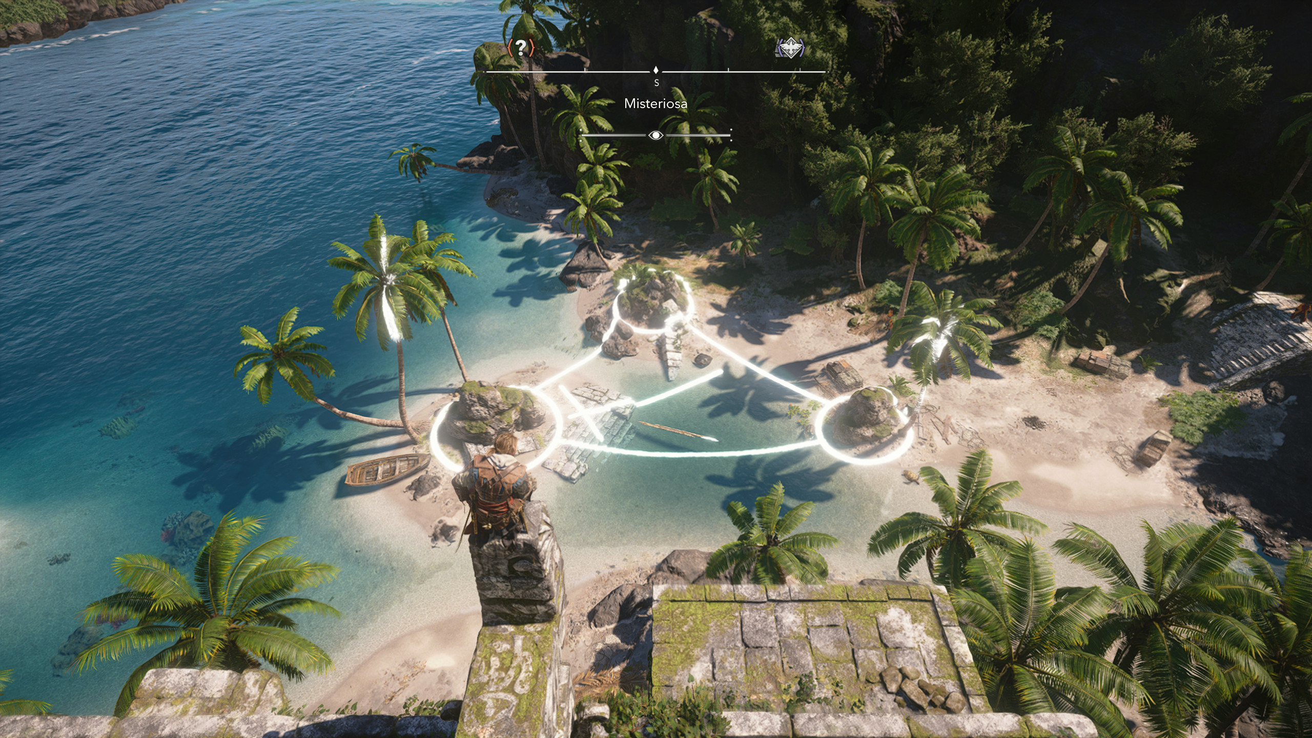 Камни майя в Assassin's Creed Black Flag Resynced: Эдвард сидит на вершине стелы и решает головоломку среди руин внизу.