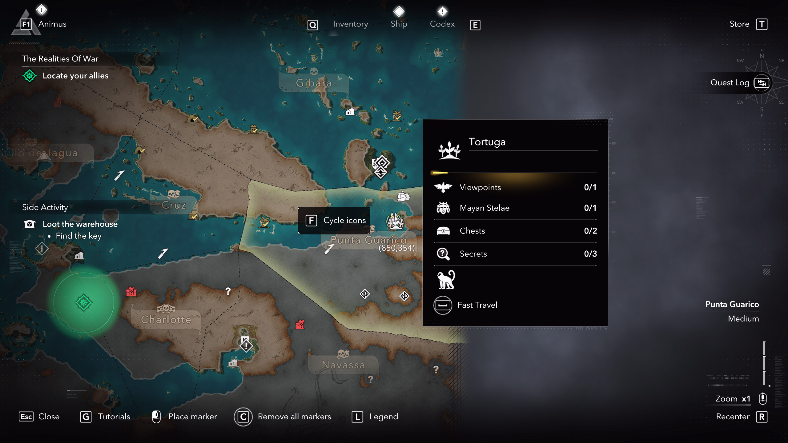 Камни майя в Assassin's Creed Black Flag Resynced: карта с местоположением камня майя/стелы на Тортуге, Пунта-Гуарико.