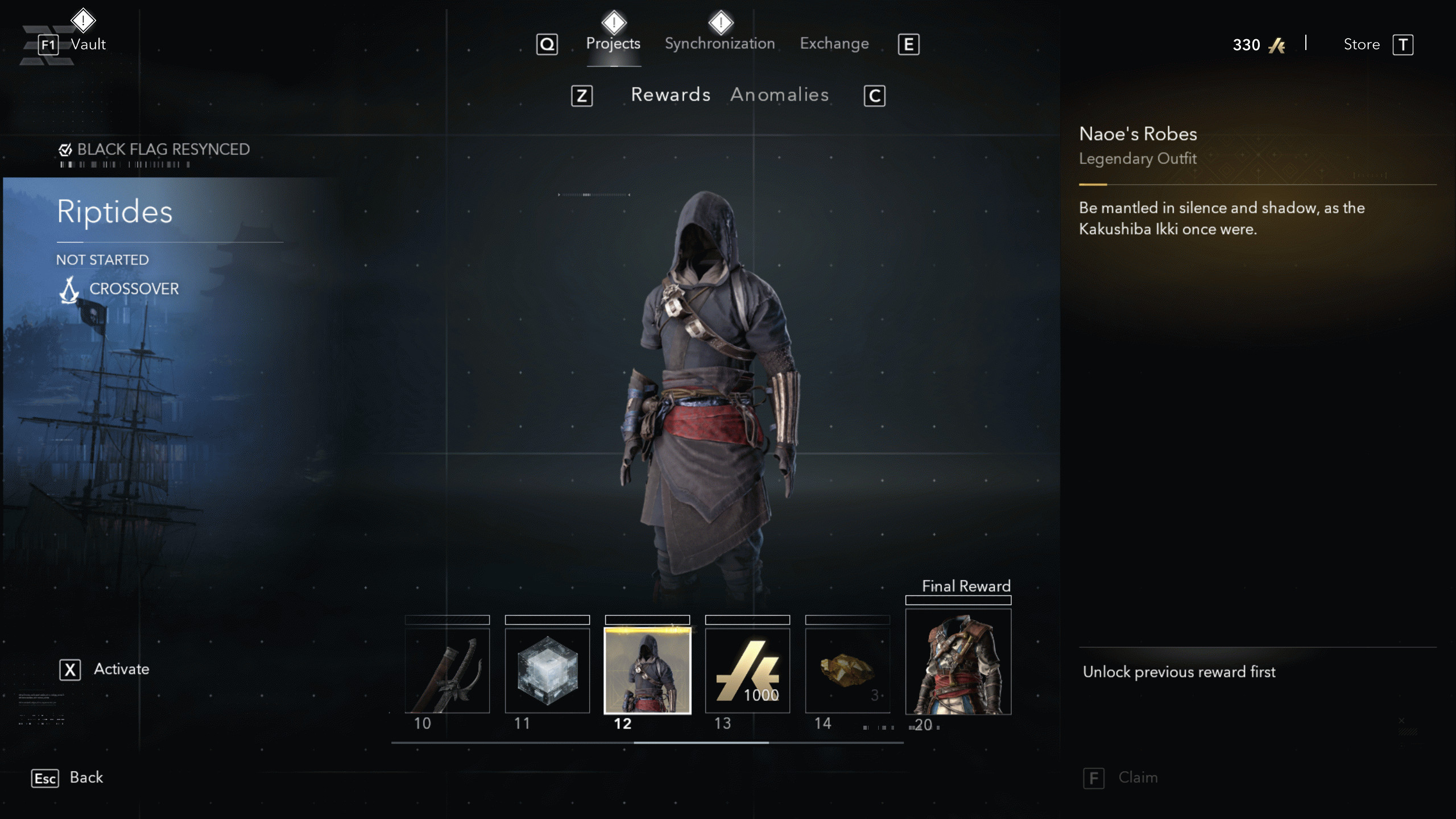 Костюмы Assassin's Creed Black Flag Resynced: Одеяние Наоэ в меню проектов хаба Анимуса.