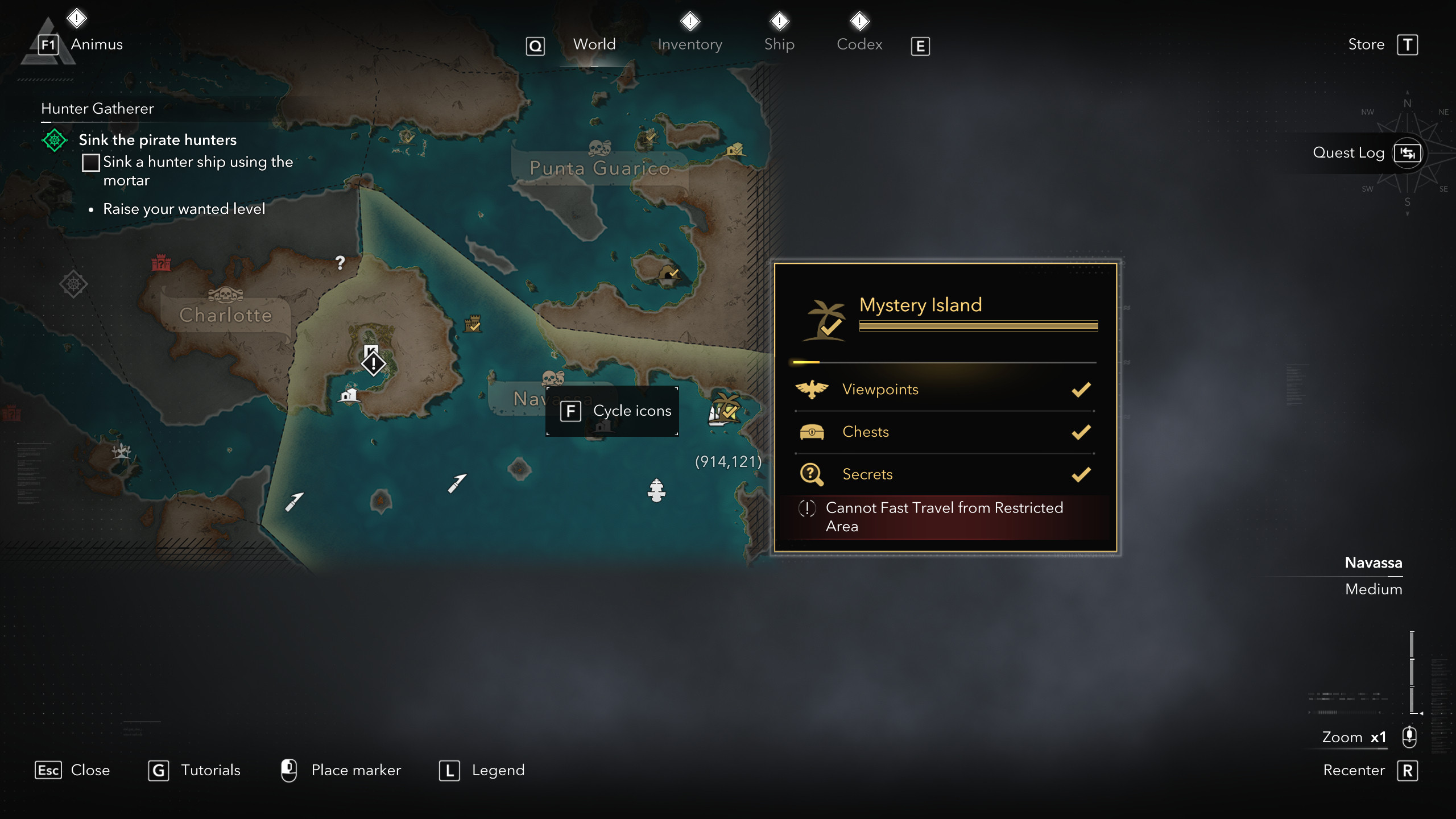 Костюмы Assassin's Creed Black Flag Resynced: карта с местоположением Острова тайны, где можно найти Наряд Стида Боннета.