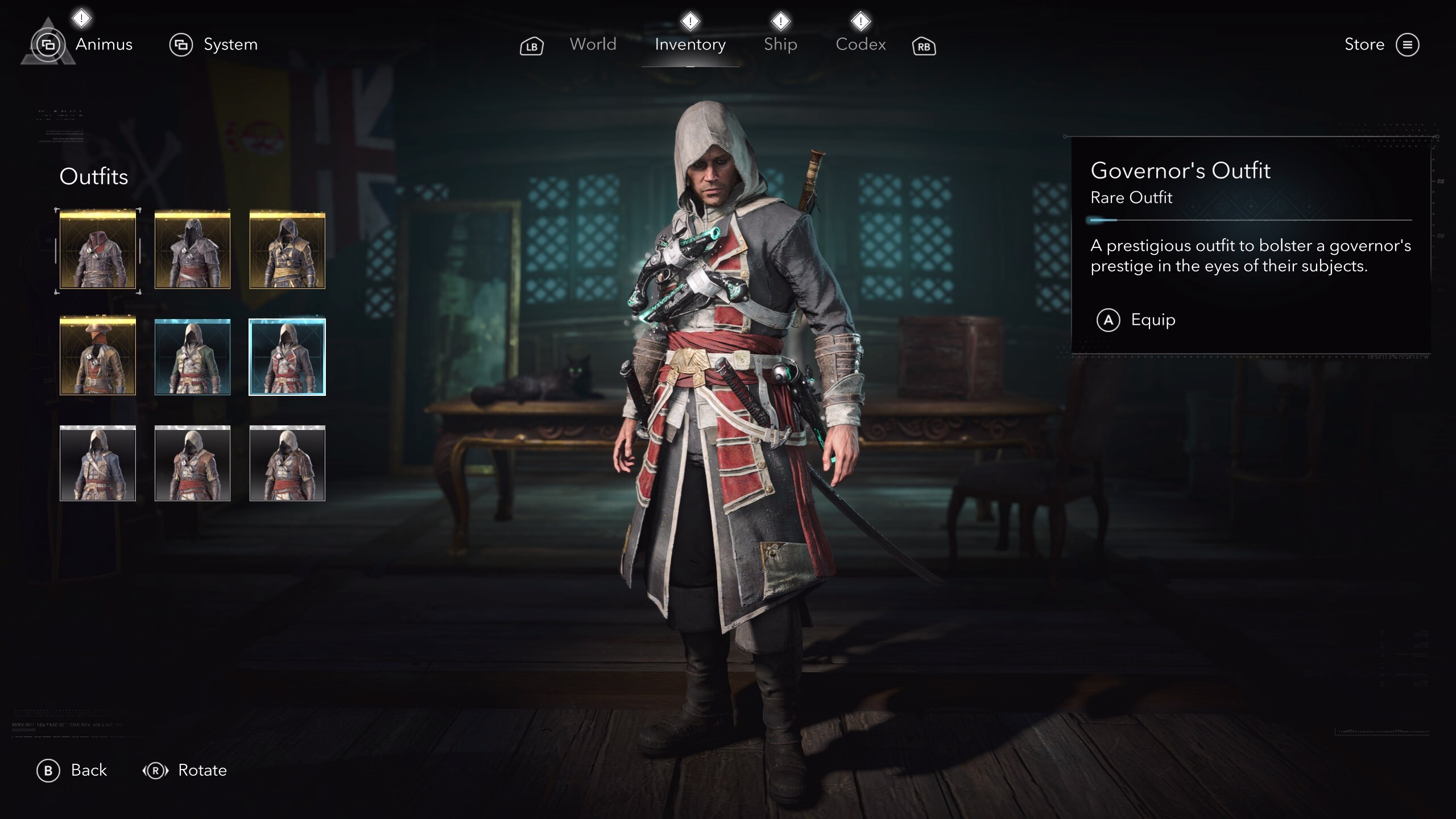 Костюмы Assassin's Creed Black Flag Resynced: Костюм губернатора в игровом меню.