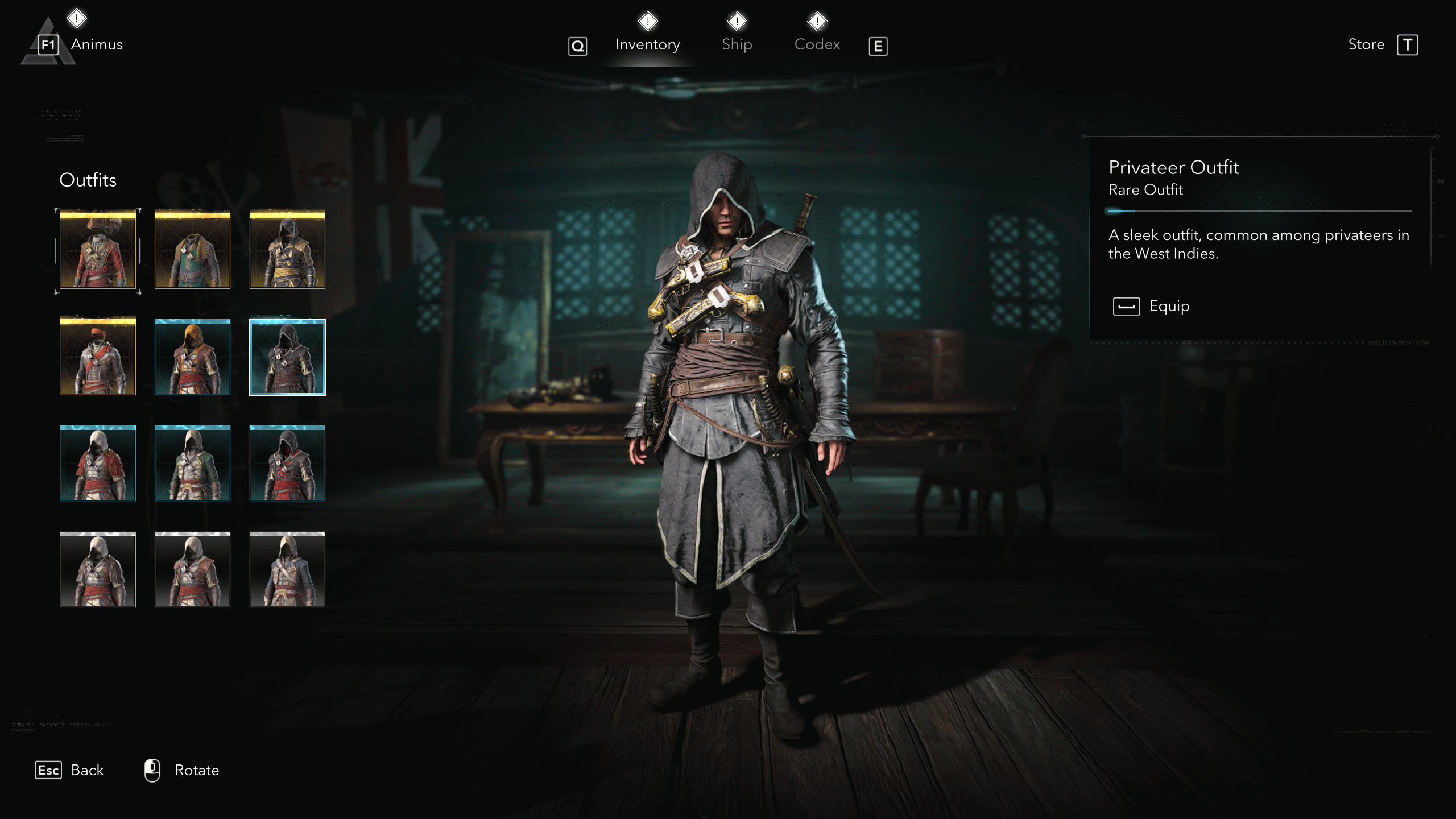 Костюмы Assassin's Creed Black Flag Resynced: Костюм приватира в игровом меню.