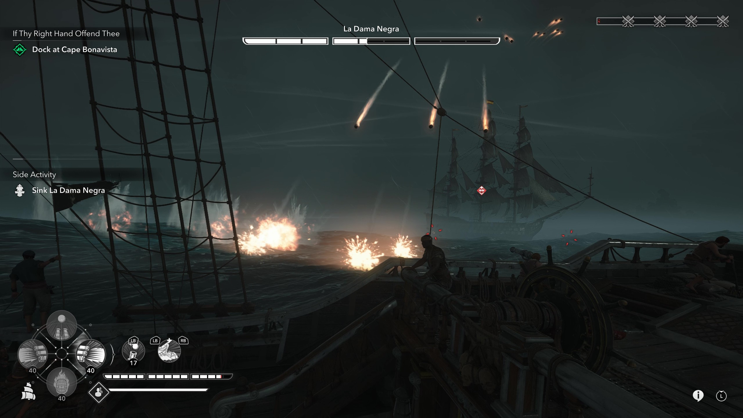 Легендарные корабли Assassin's Creed Black Flag Resynced: морской бой против «Ла Дамы Негры», где сверху сыплются горящие ядра.