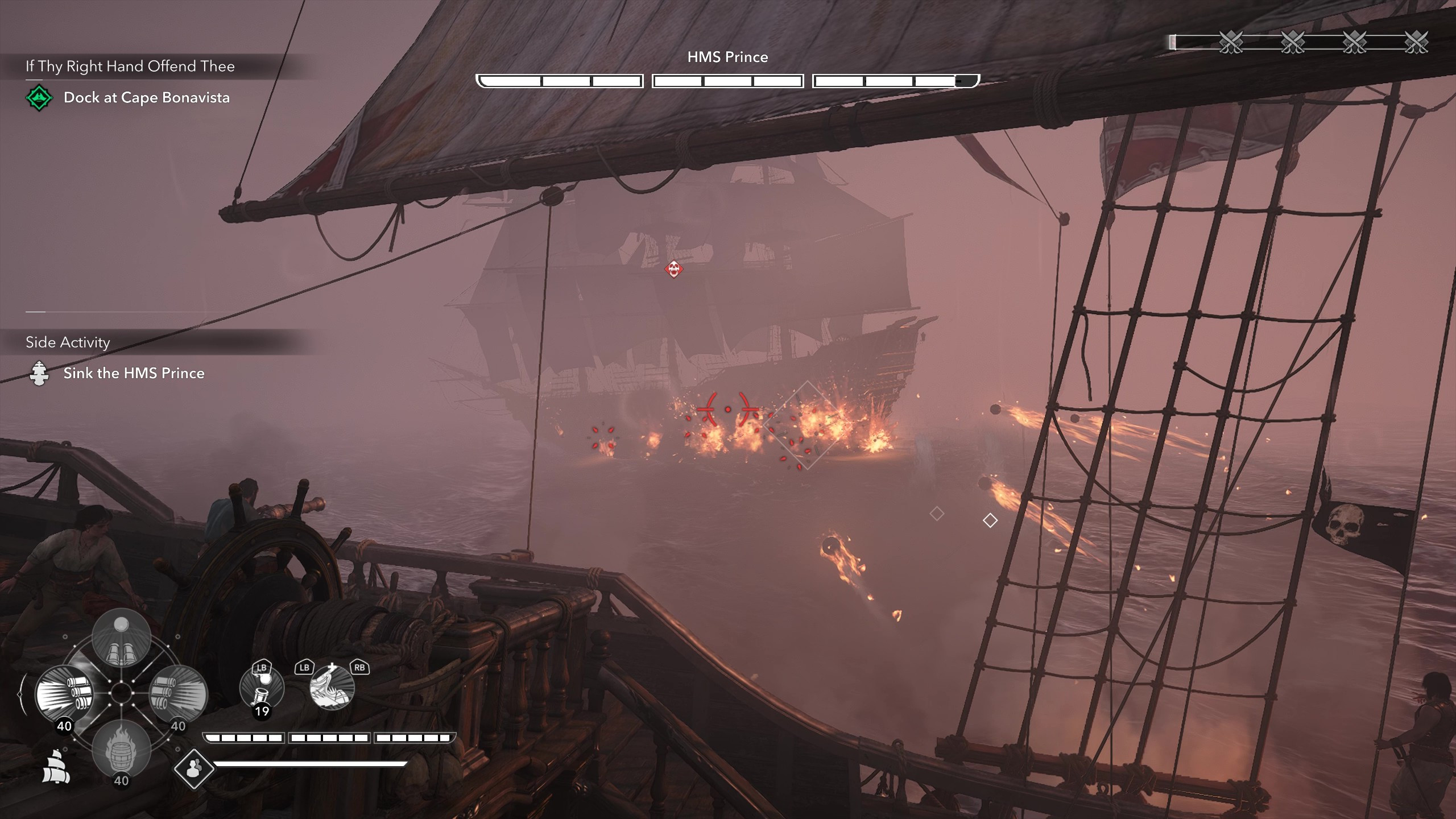 Легендарные корабли Assassin's Creed Black Flag Resynced: морской бой, где игрок стреляет бортовыми залпами по «Принцу».