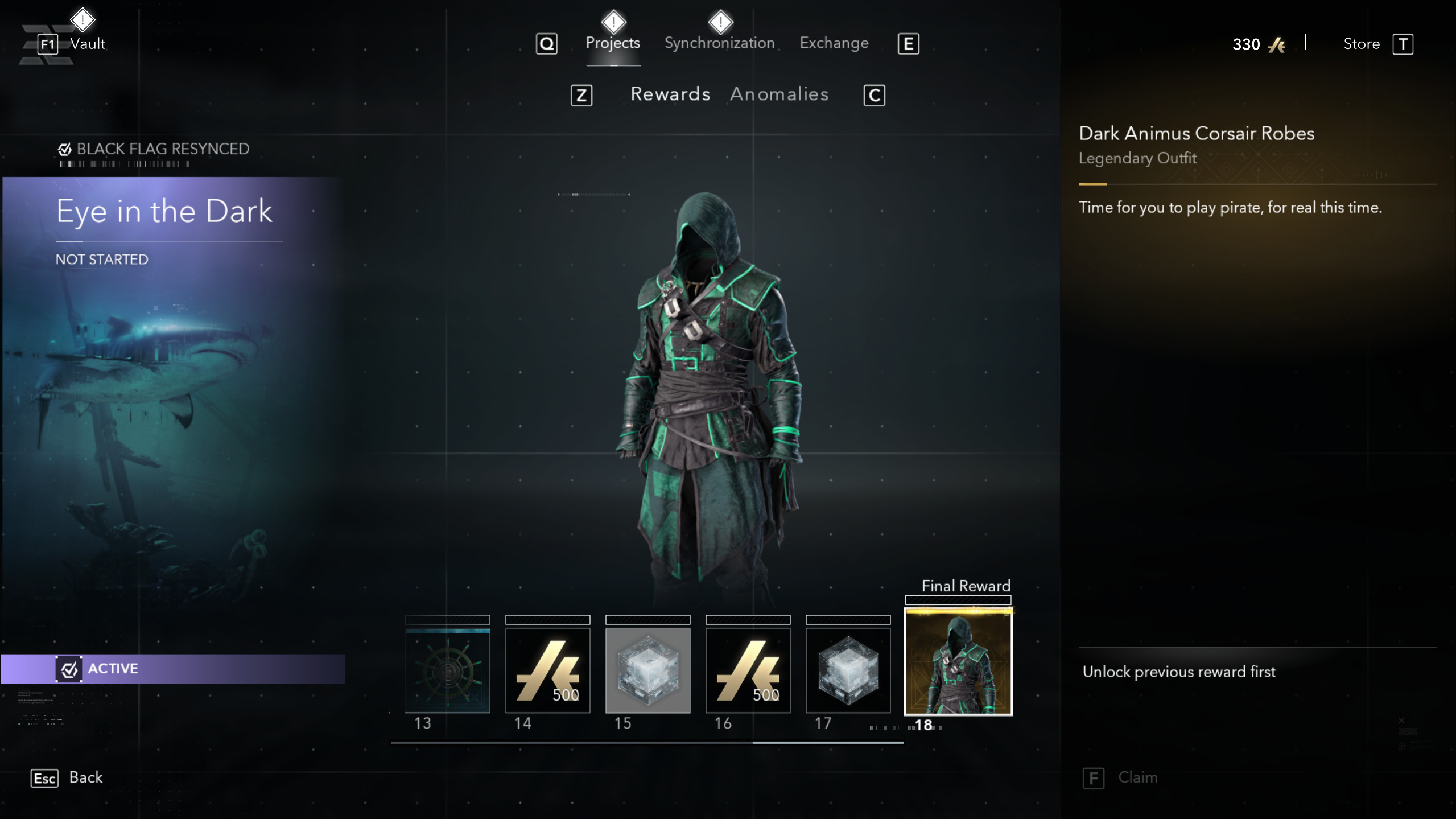 Костюмы Assassin's Creed Black Flag Resynced: Одеяние корсара Тёмного Анимуса в меню проектов хаба Анимуса.
