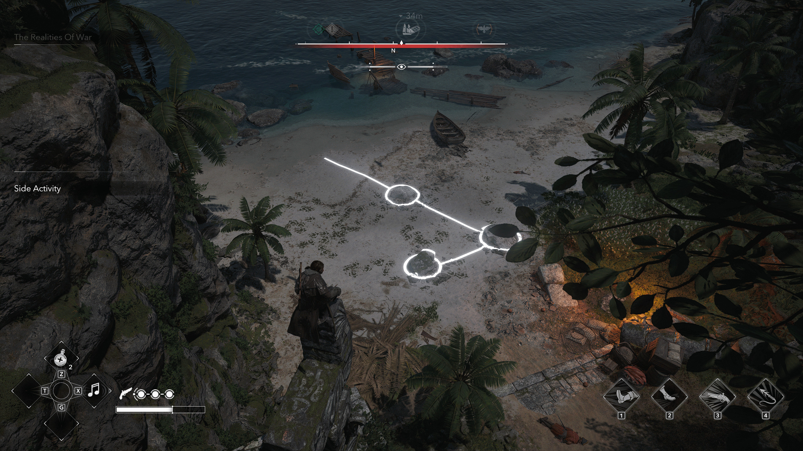 Камни майя в Assassin's Creed Black Flag Resynced: Эдвард сидит на вершине стелы и решает головоломку среди руин внизу.