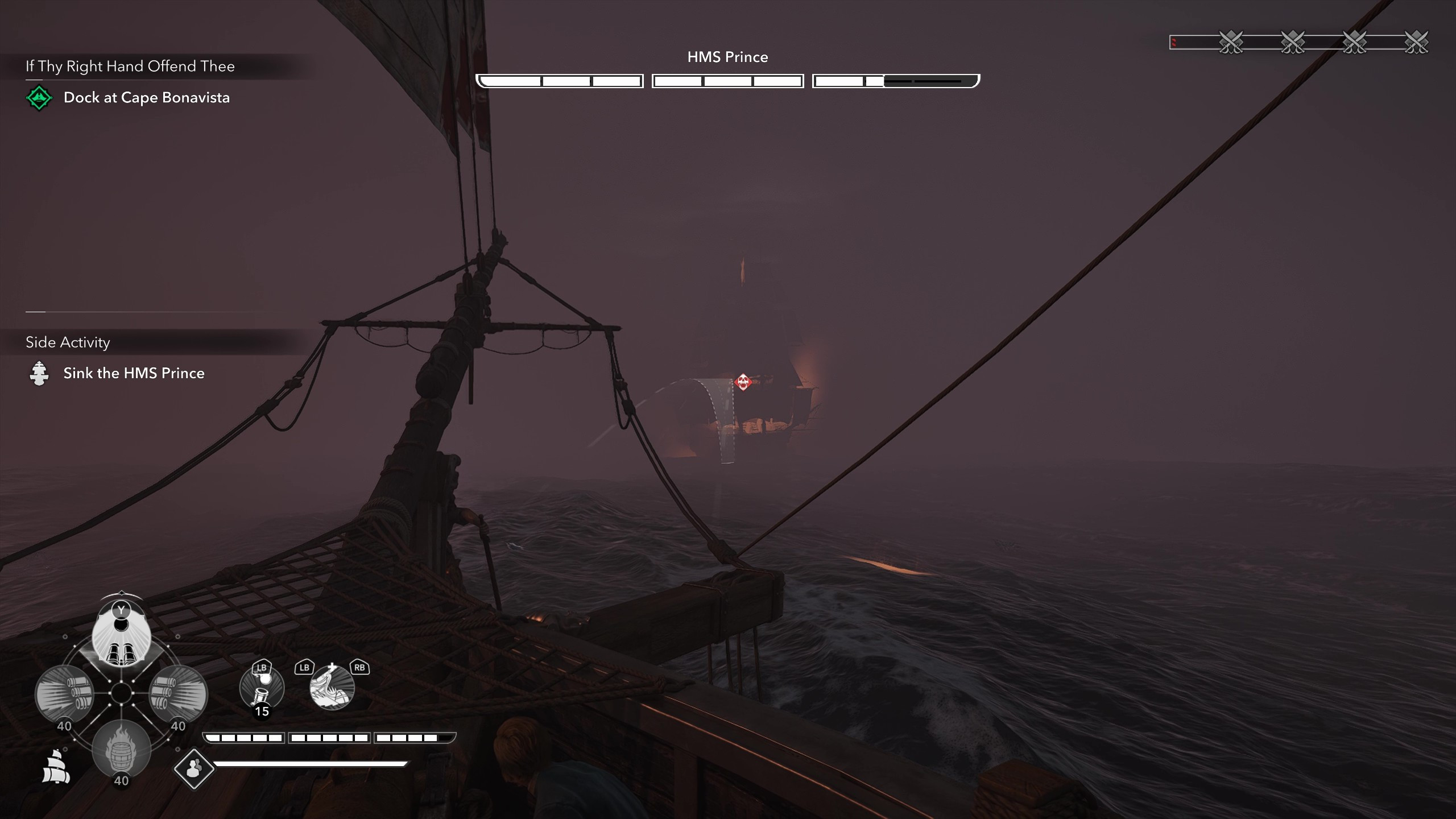 Легендарные корабли Assassin's Creed Black Flag Resynced: морской бой против «Принца», скрывающегося в тумане.