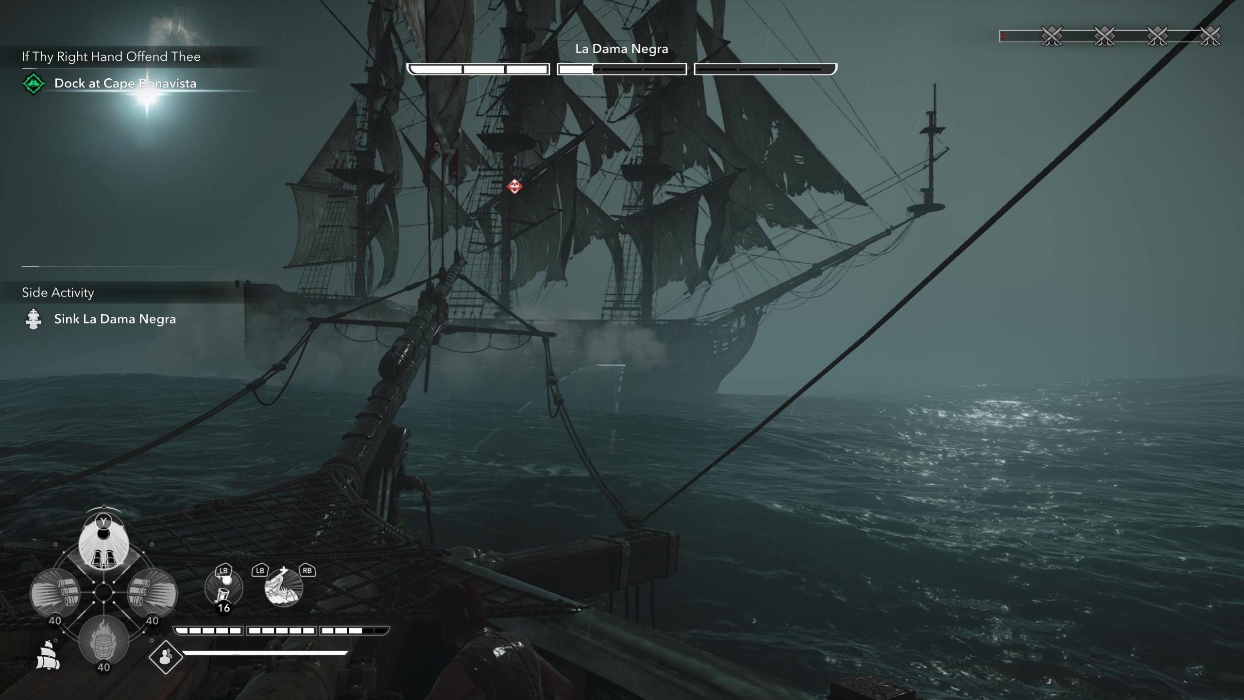 Легендарные корабли Assassin's Creed Black Flag Resynced: морской бой, где игрок целится из носовых пушек в «Ла Даму Негру».