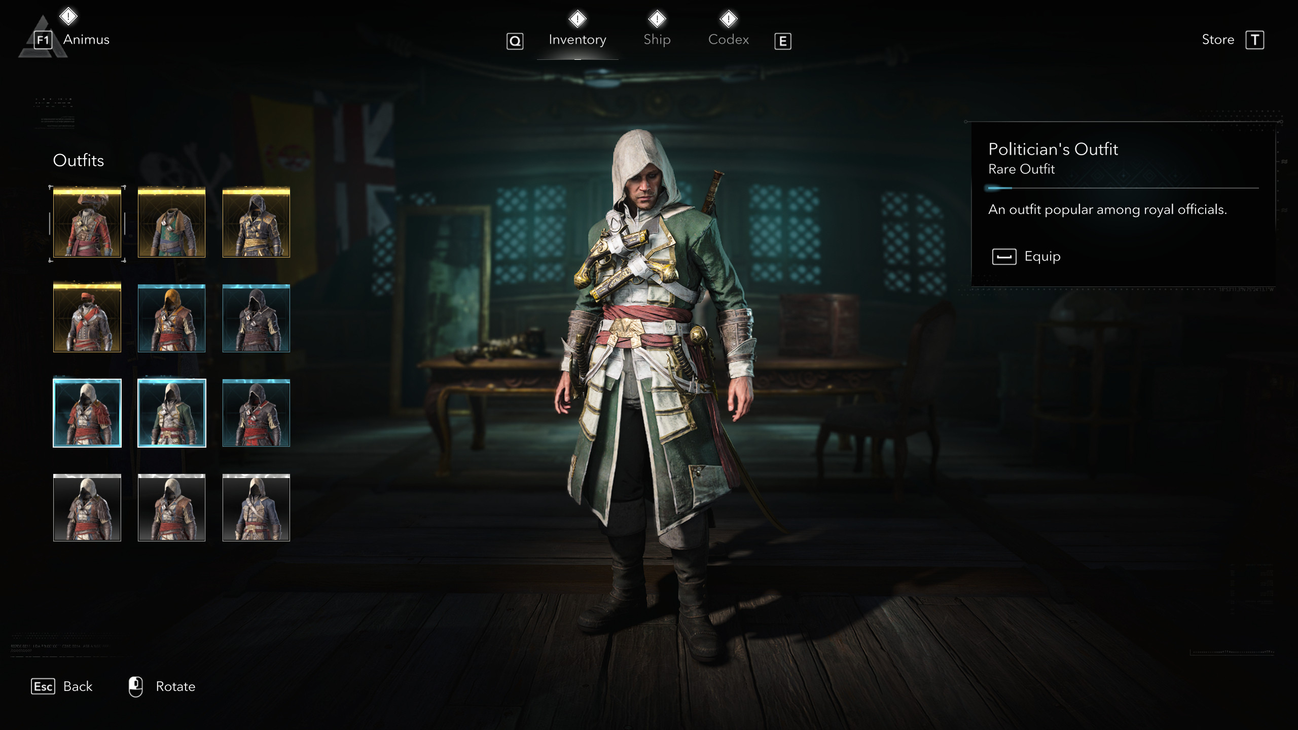 Костюмы Assassin's Creed Black Flag Resynced: Костюм политика в игровом меню.