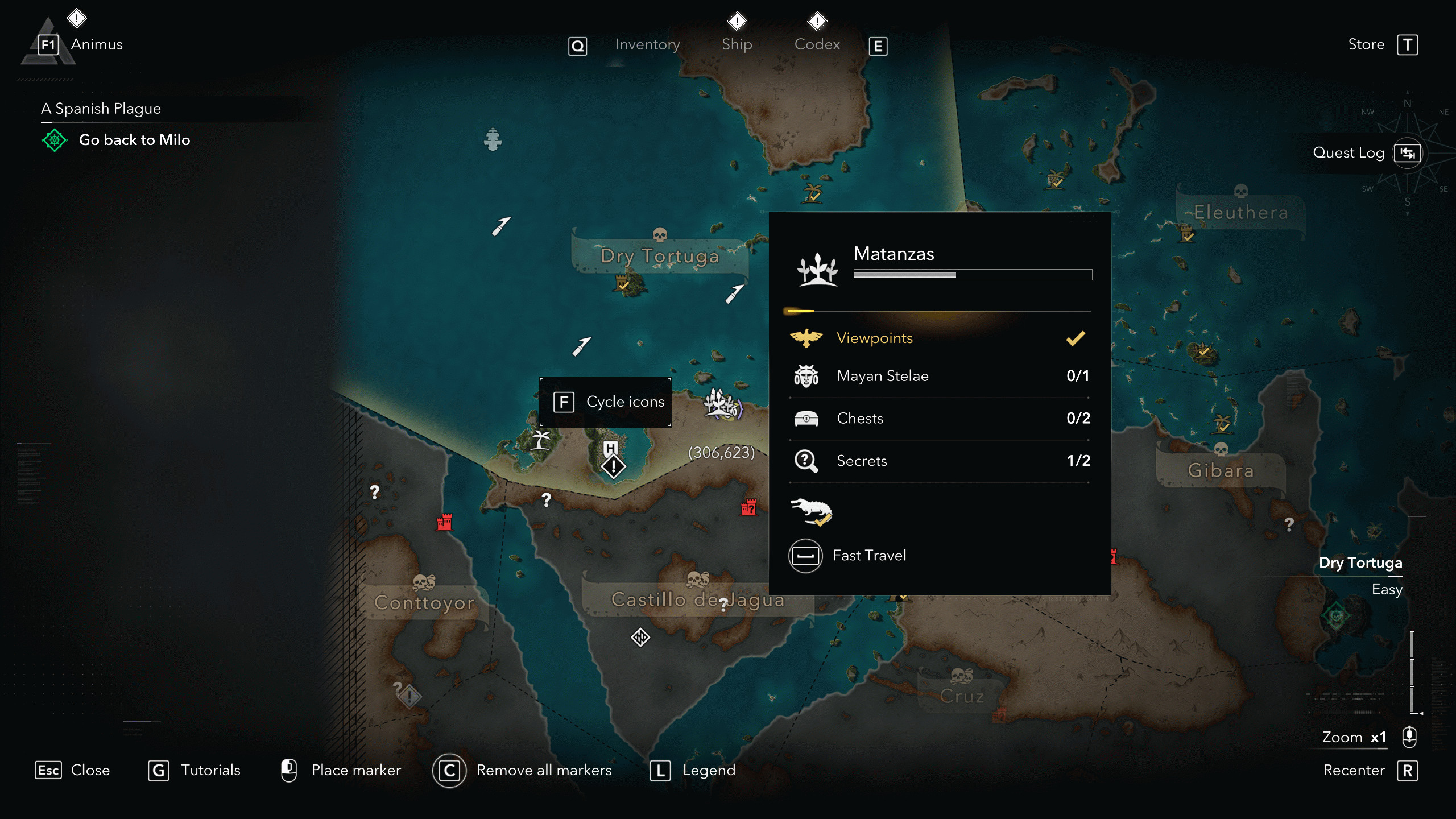 Камни майя в Assassin's Creed Black Flag Resynced: карта с местоположением камня майя/стелы в Матансасе, Драй-Тортугас.