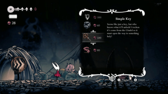 Хорнет покупает Простой ключ для Silksong у Пебба, торговца в Костяном Дне.